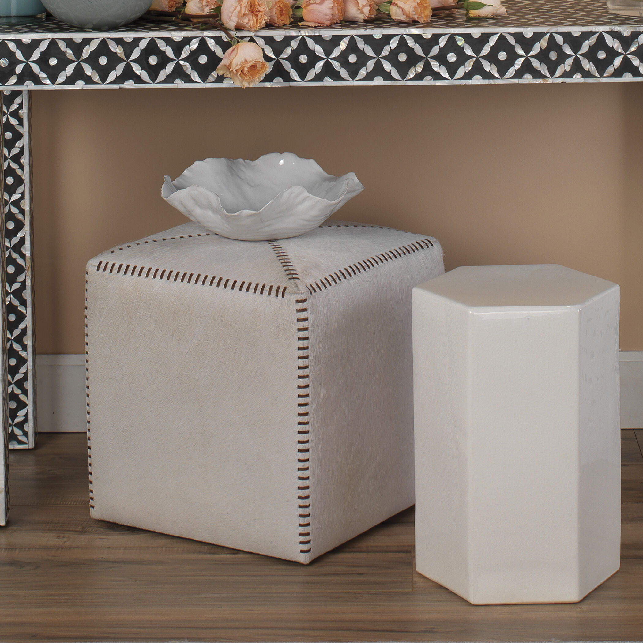Leather and Hide 16 inch White Hide Ottoman