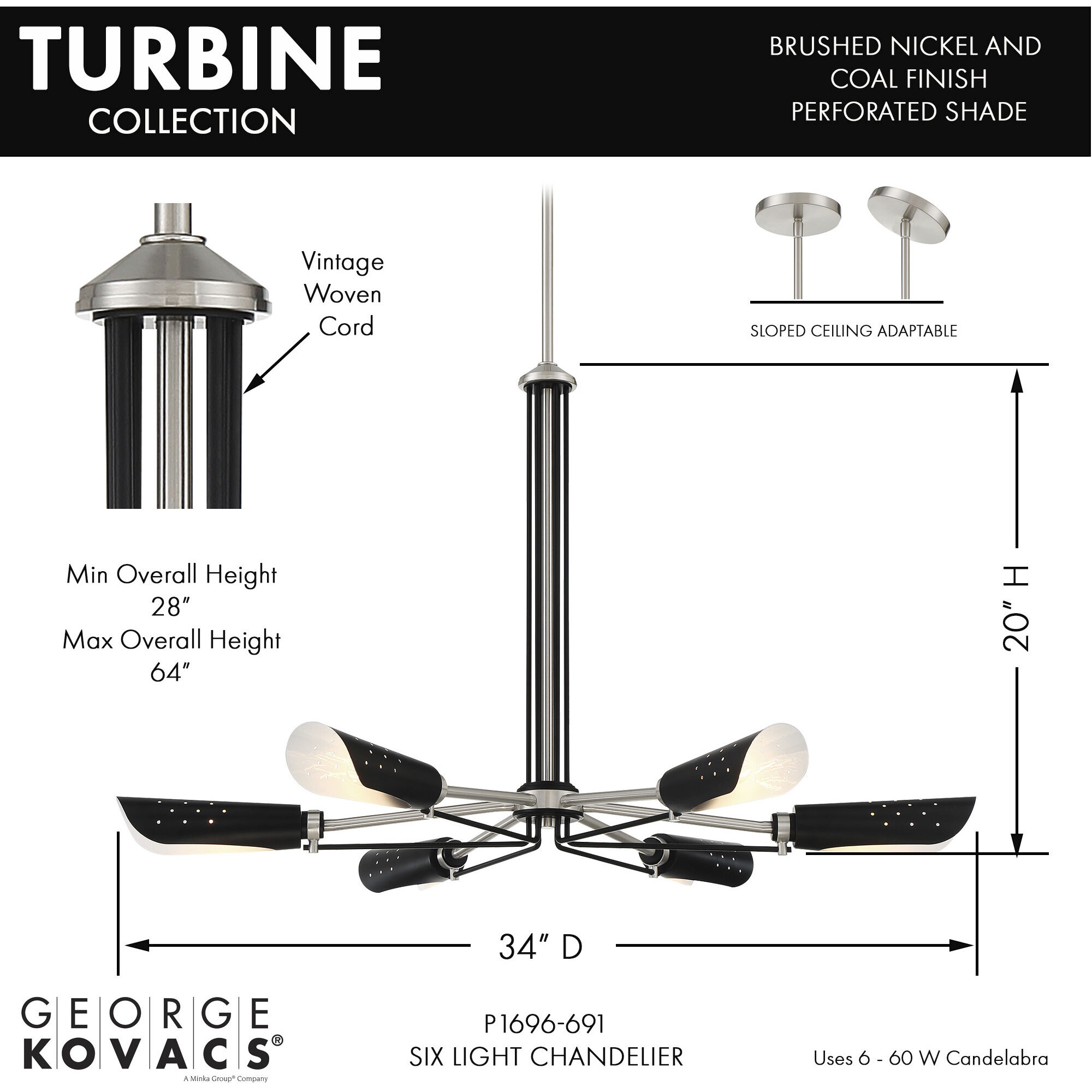 Turbine 6 Light 34 inch Coal With Brushed Nickel Chandelier Ceiling Light