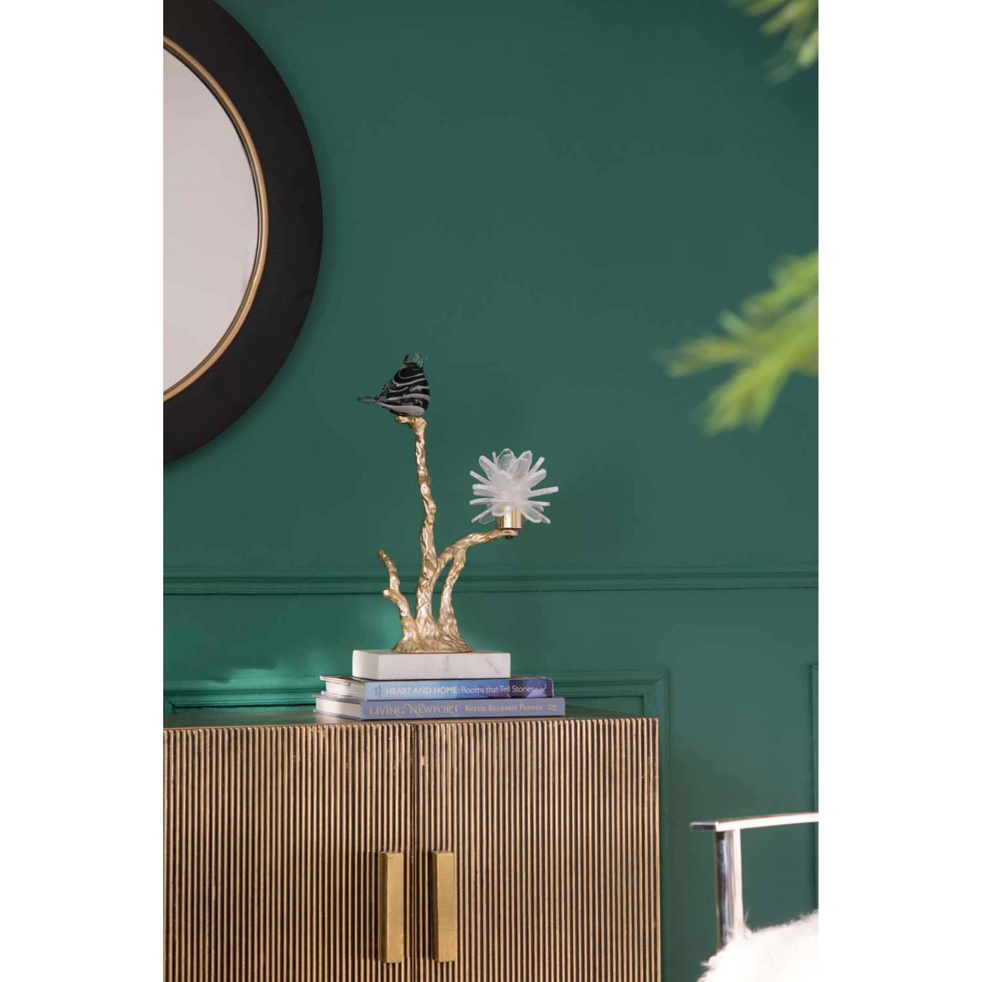 Sitting Bird on Branch Gold and White Décor