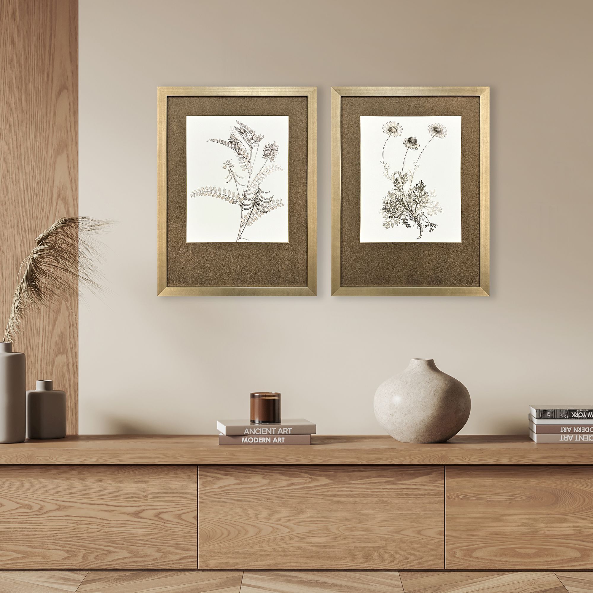 Neutral Botanical Brown and Beige and Metallic and Sepia Framed Art