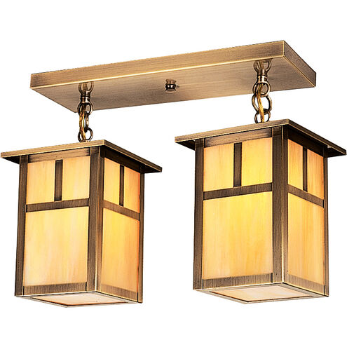 Mission 2 Light 16 inch Antique Brass Flush Mount Ceiling Light in Gold White Iridescent, Empty