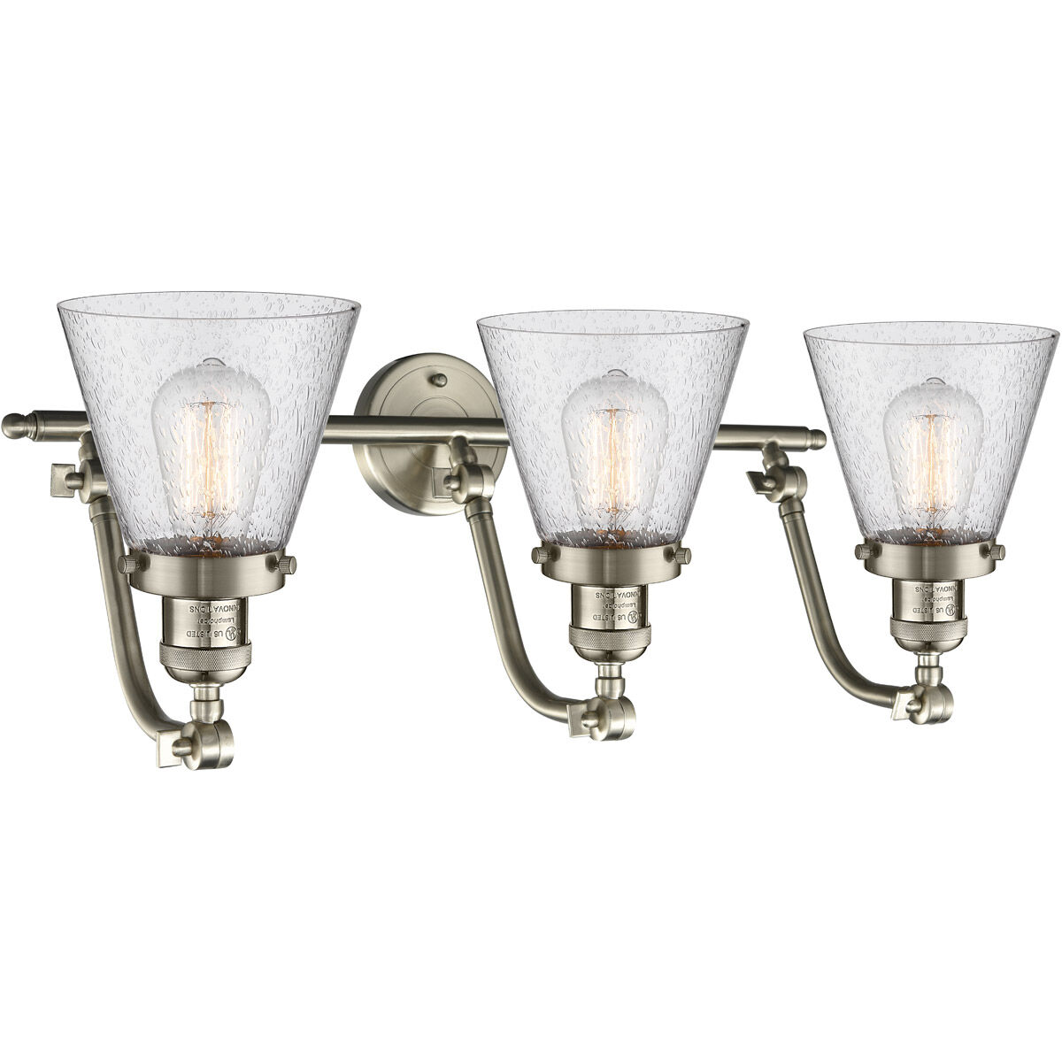 Franklin Restoration Small Cone 3 Light 28 inch Brushed Satin Nickel Bath Vanity Light Wall Light in Seedy Glass, Franklin Restoration
