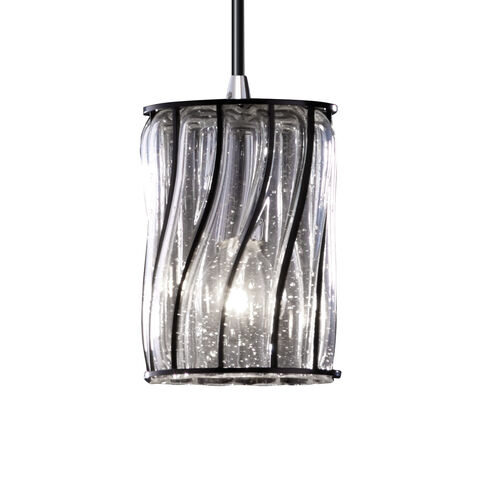 Wire Glass 1 Light Polished Chrome Pendant Ceiling Light in White Cord, Swirl with Clear Bubbles, Incandescent