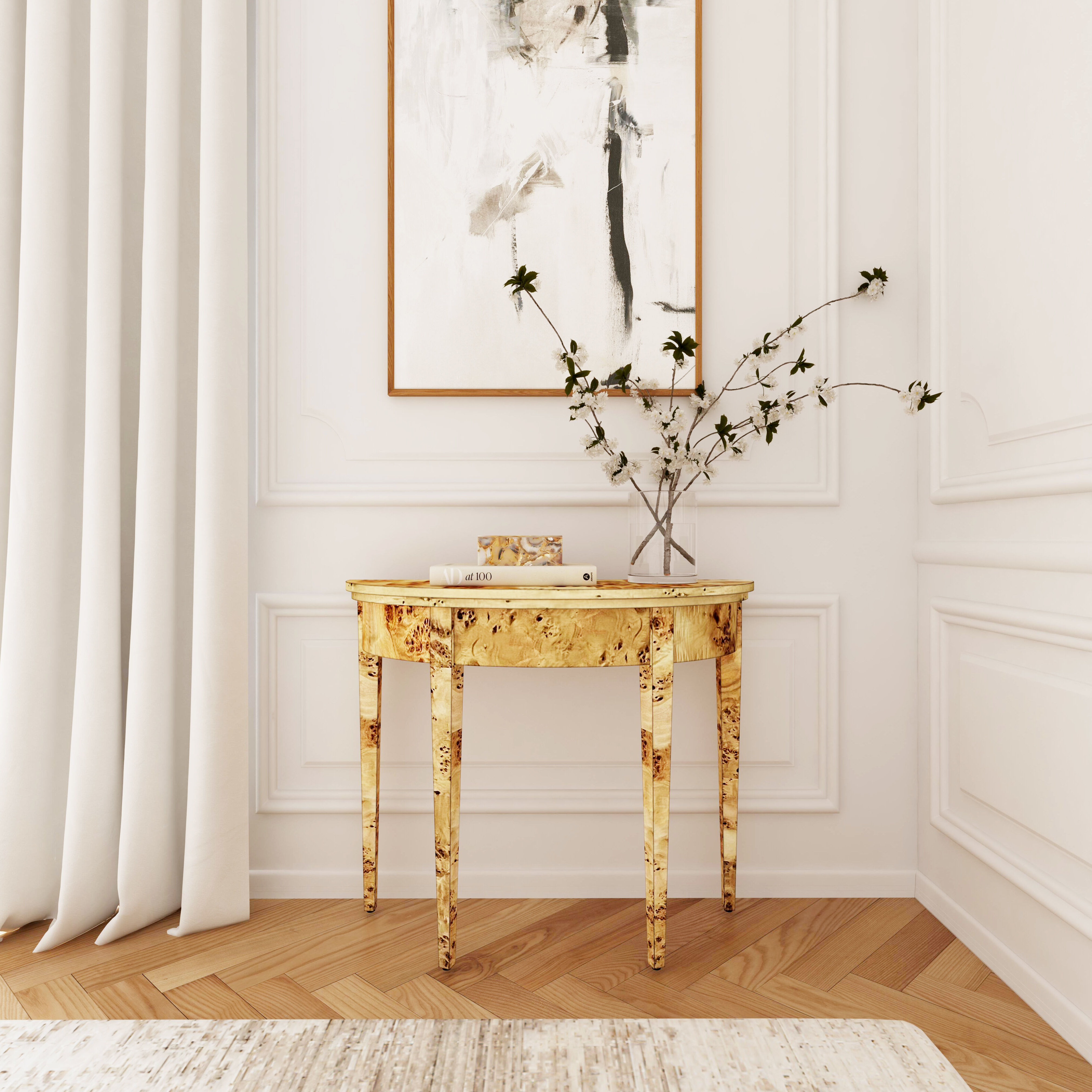 Hampton Demilune Light Burl 36" Console Table in Light Brown