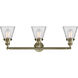 Franklin Restoration Small Cone 3 Light 30 inch Antique Brass Bath Vanity Light Wall Light in Incandescent, Clear Glass, Franklin Restoration