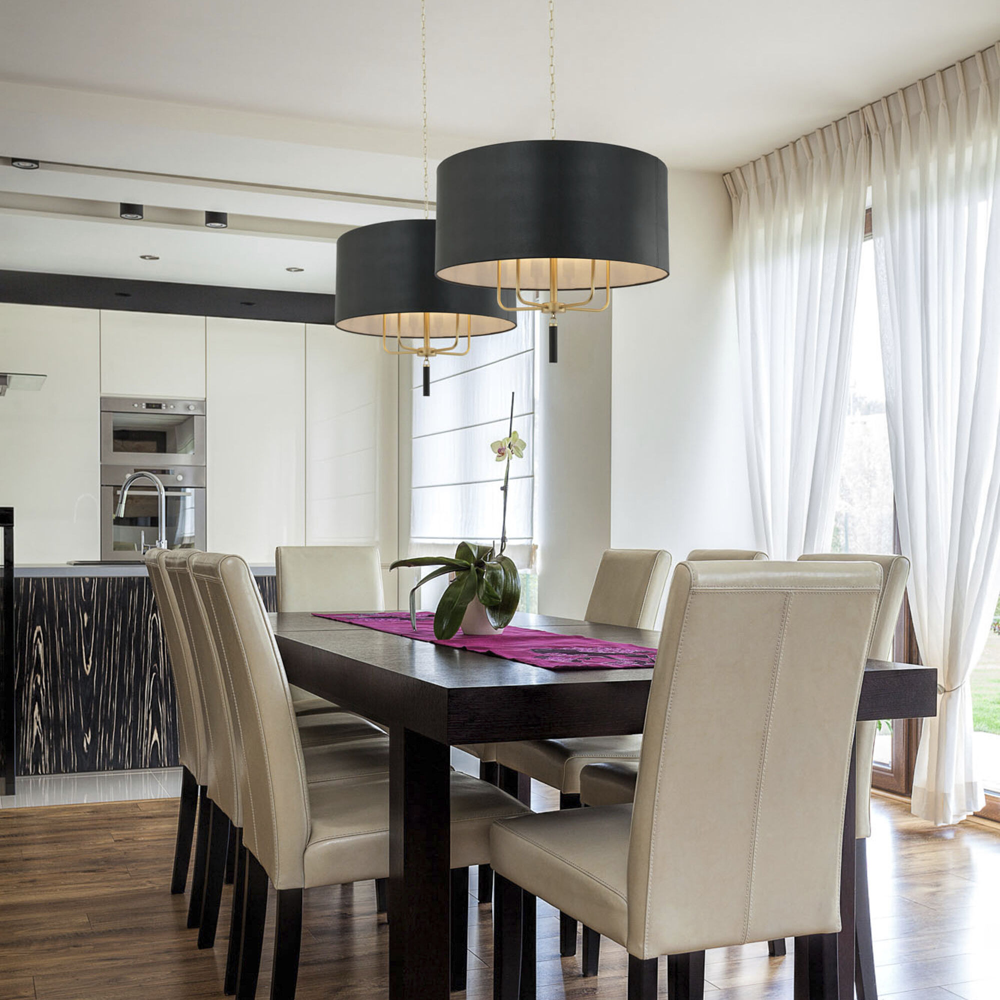 Secret Agent 5 Light 30 inch Gold and Black Leather Pendant Ceiling Light