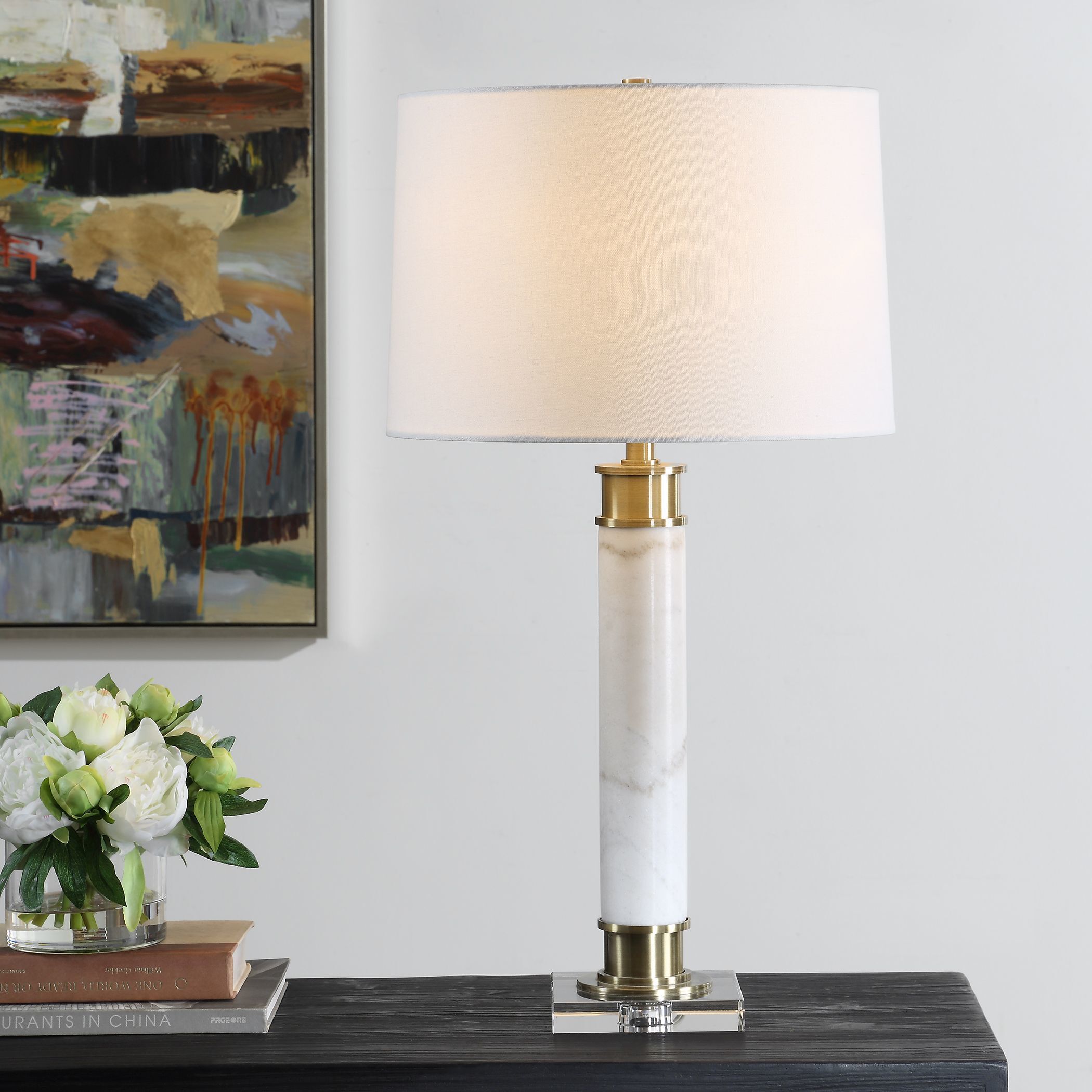 Plinth 27.75 inch 100.00 watt White Marble and Antique Brass with Crystal Table Lamp Portable Light