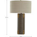 Bronx 29 inch Brushed Antique Brass and Dark Brown Leather with Beige Linen Table Lamp Portable Light