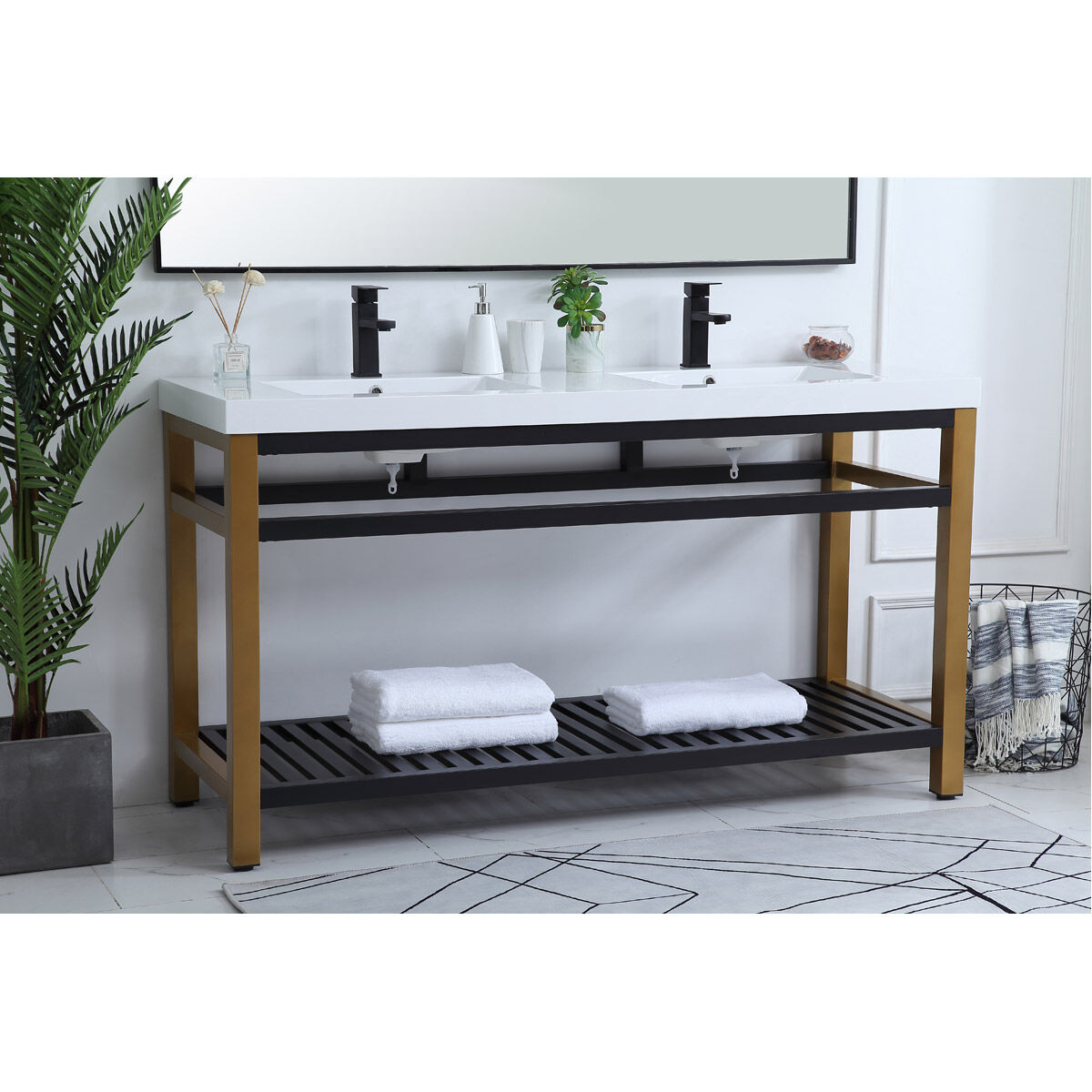 Raya 60 X 22 X 34 inch Gold and Black with White Vanity Sink Set