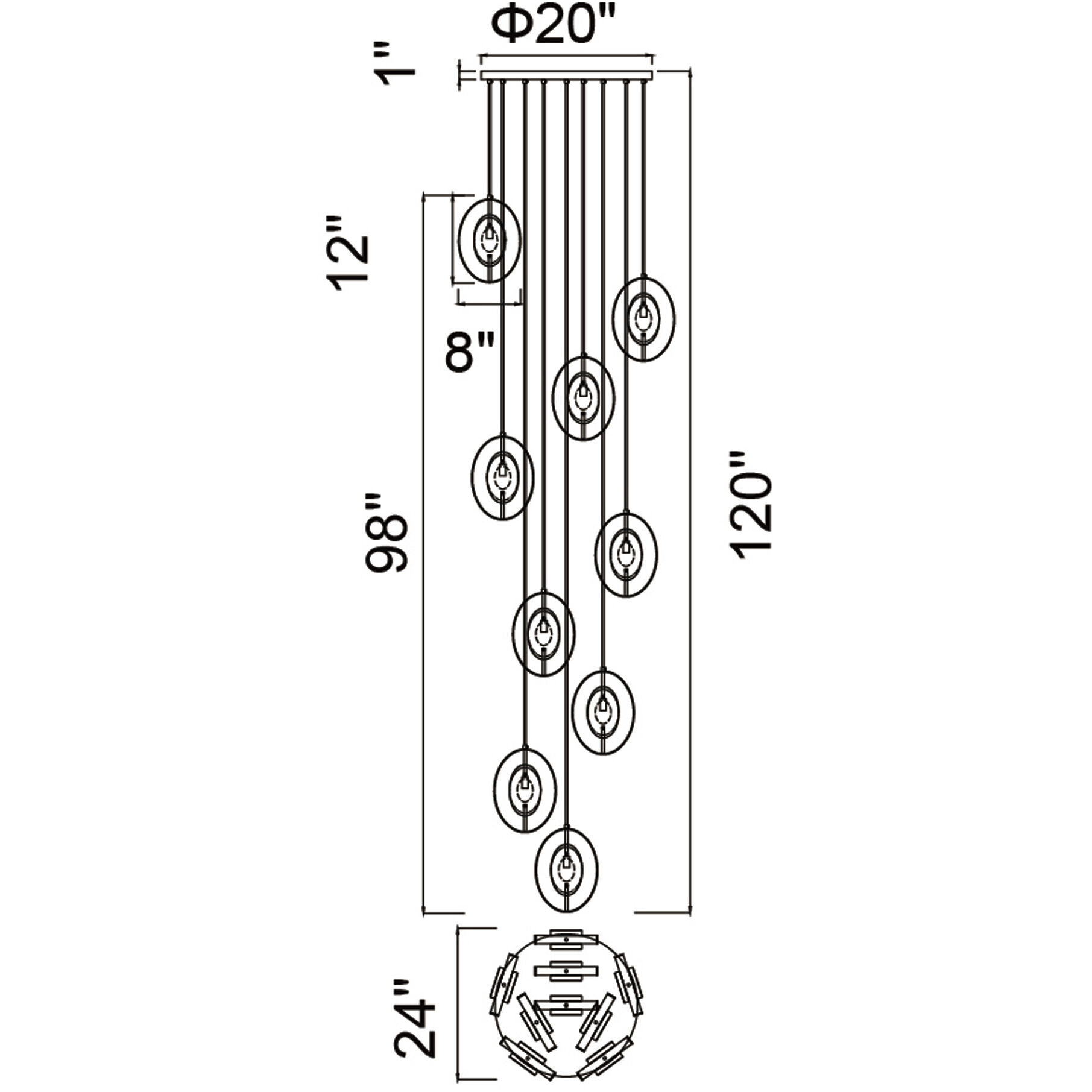 Iris 9 Light 24 inch Brass Multi Point Pendant Ceiling Light