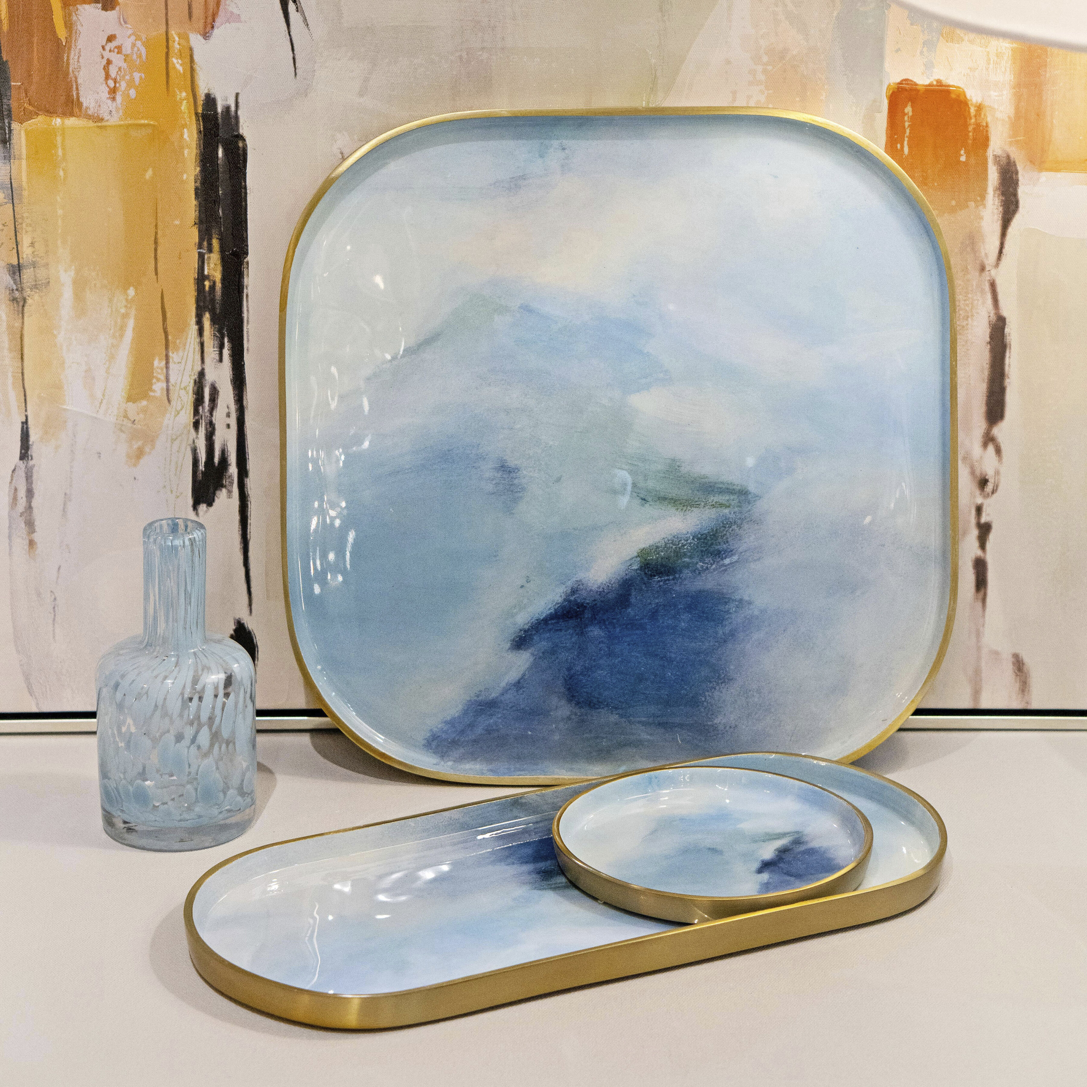 Aura Light Blue Enamel with Brushed Brass Tray, Set of 3