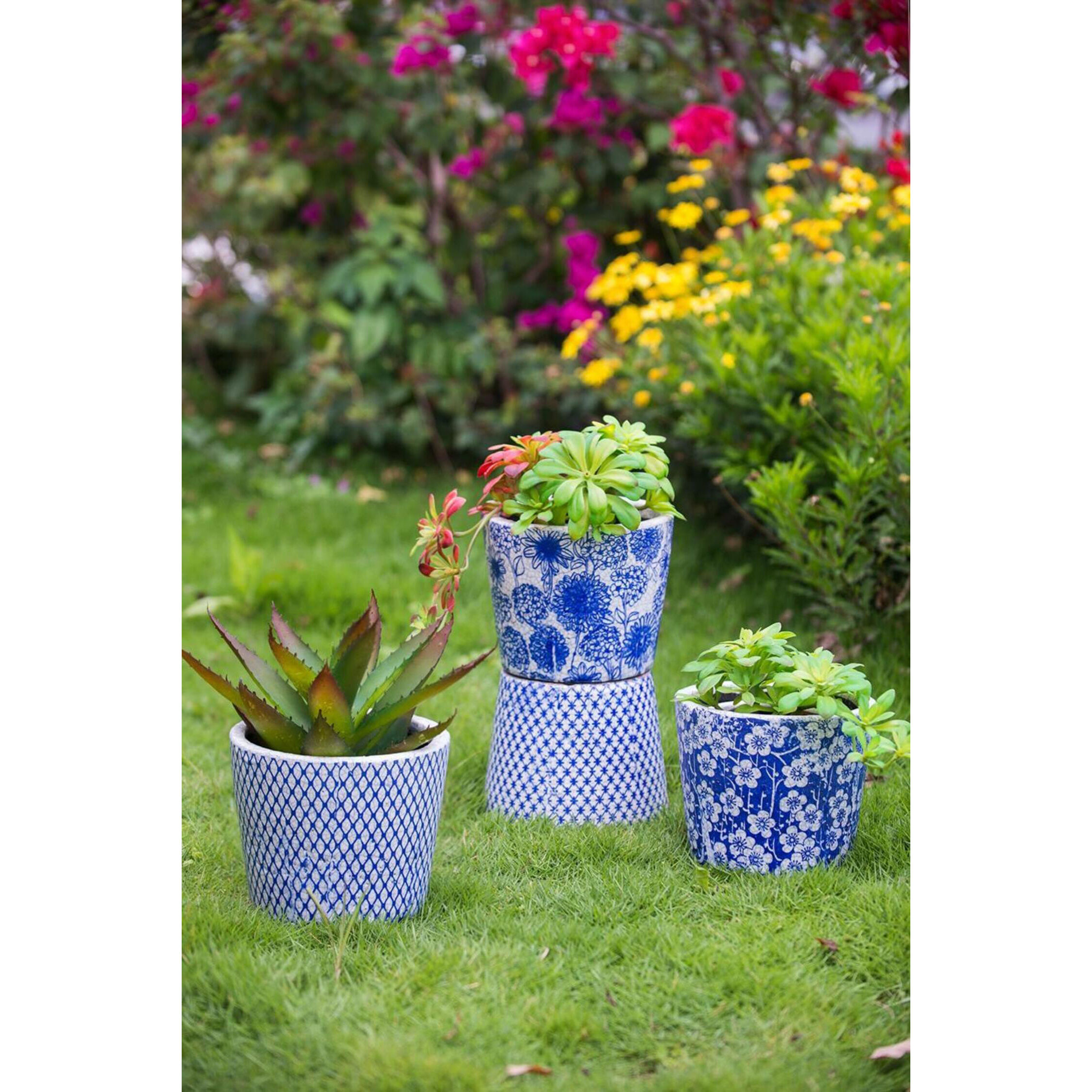 Terracotta Blue and White Outdoor Planter, Set of 4