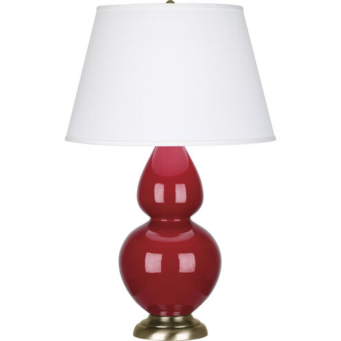 Double Gourd 31 inch 150.00 watt Ruby Red Glazed Ceramic with Antique Brass Table Lamp Portable Light in Pearl Dupioni