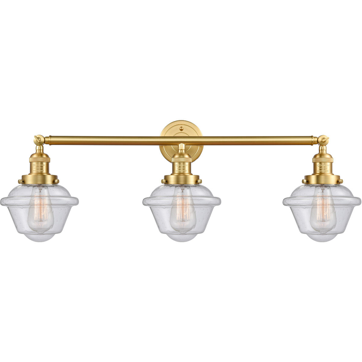 Franklin Restoration Small Oxford 3 Light 34 inch Satin Gold Bath Vanity Light Wall Light in Seedy Glass, Franklin Restoration