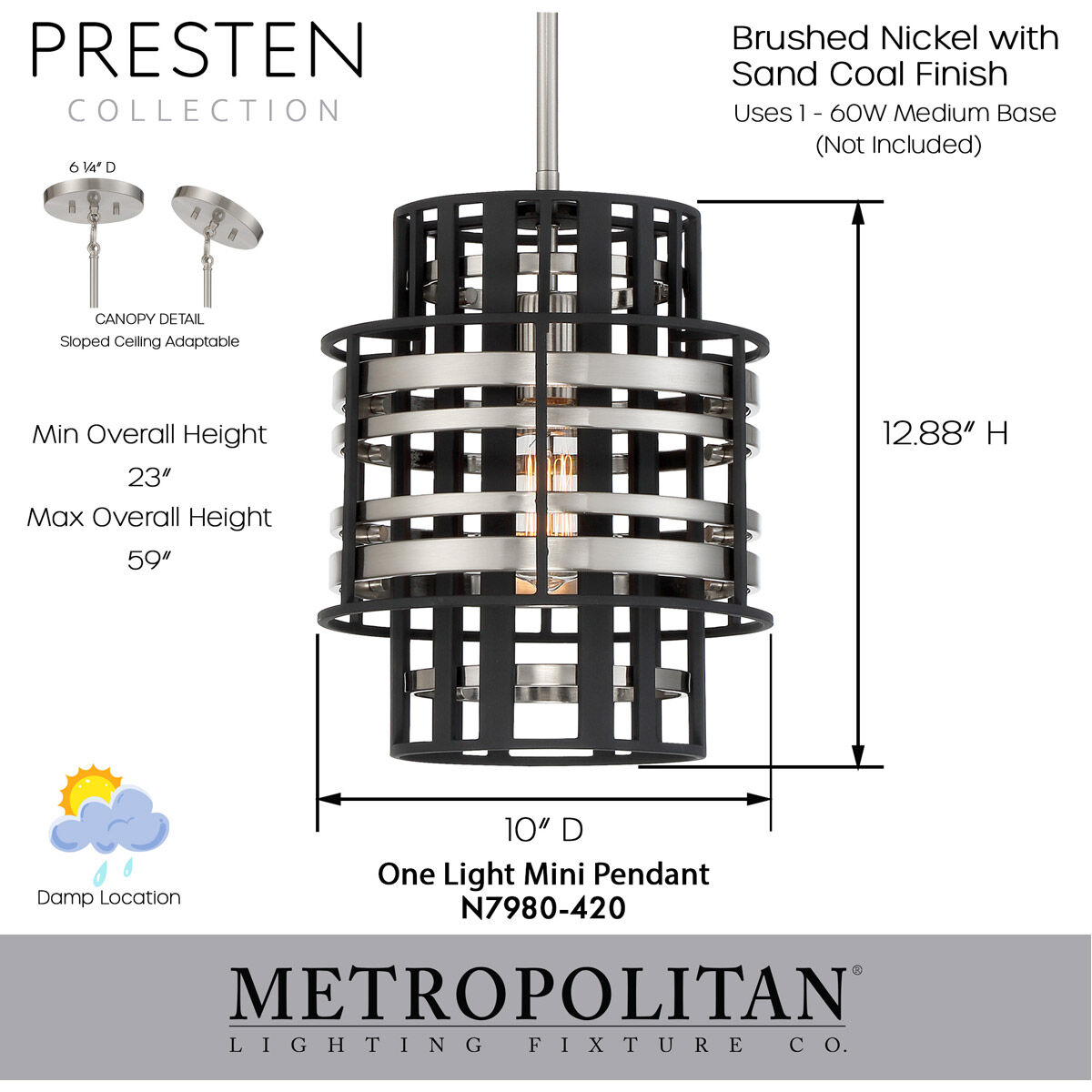 Presten 1 Light 10 inch Brushed Nickel with Sand Coal Mini Pendant Ceiling Light