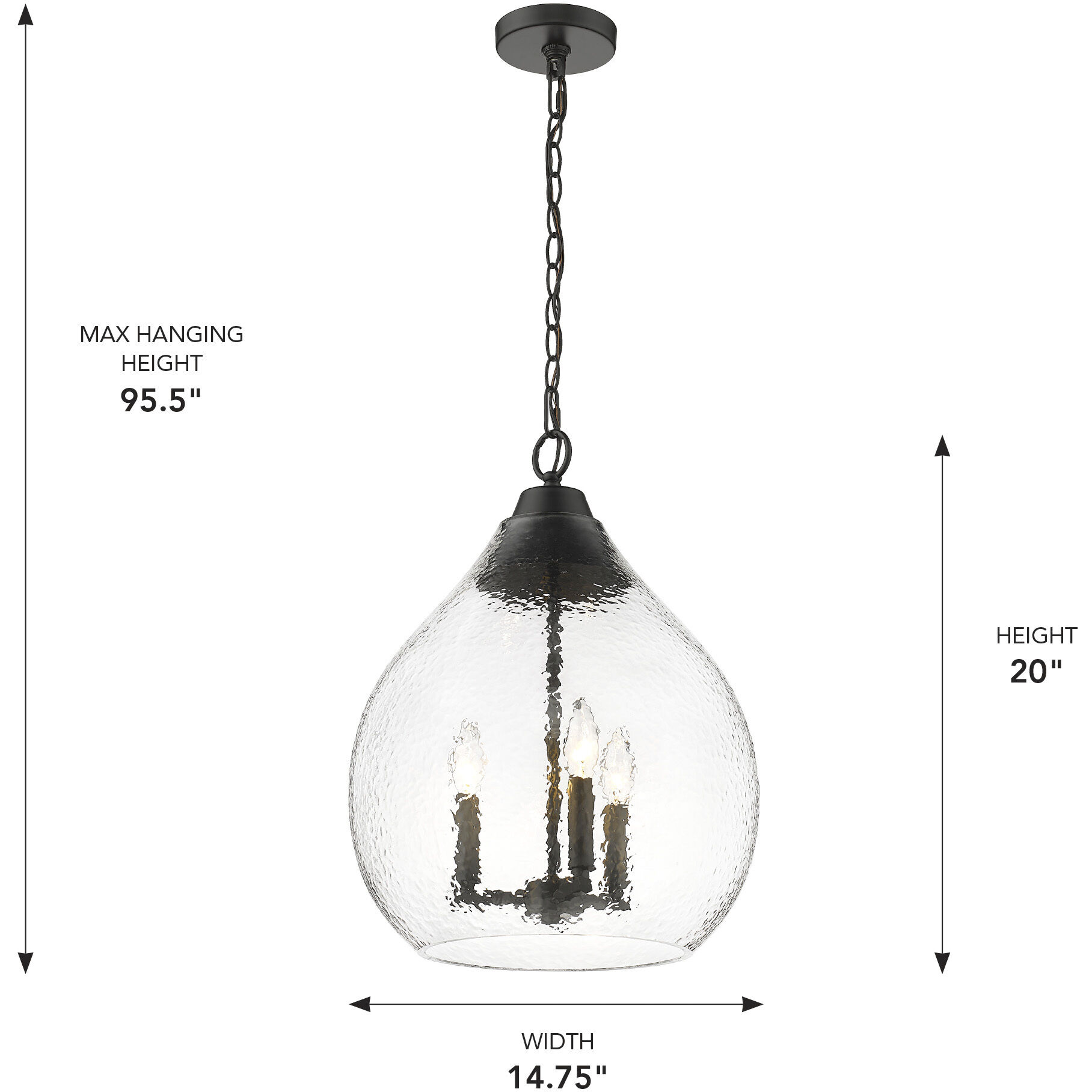 Ariella 3 Light 14.75 inch Matte Black Pendant Ceiling Light in Clear Hammered