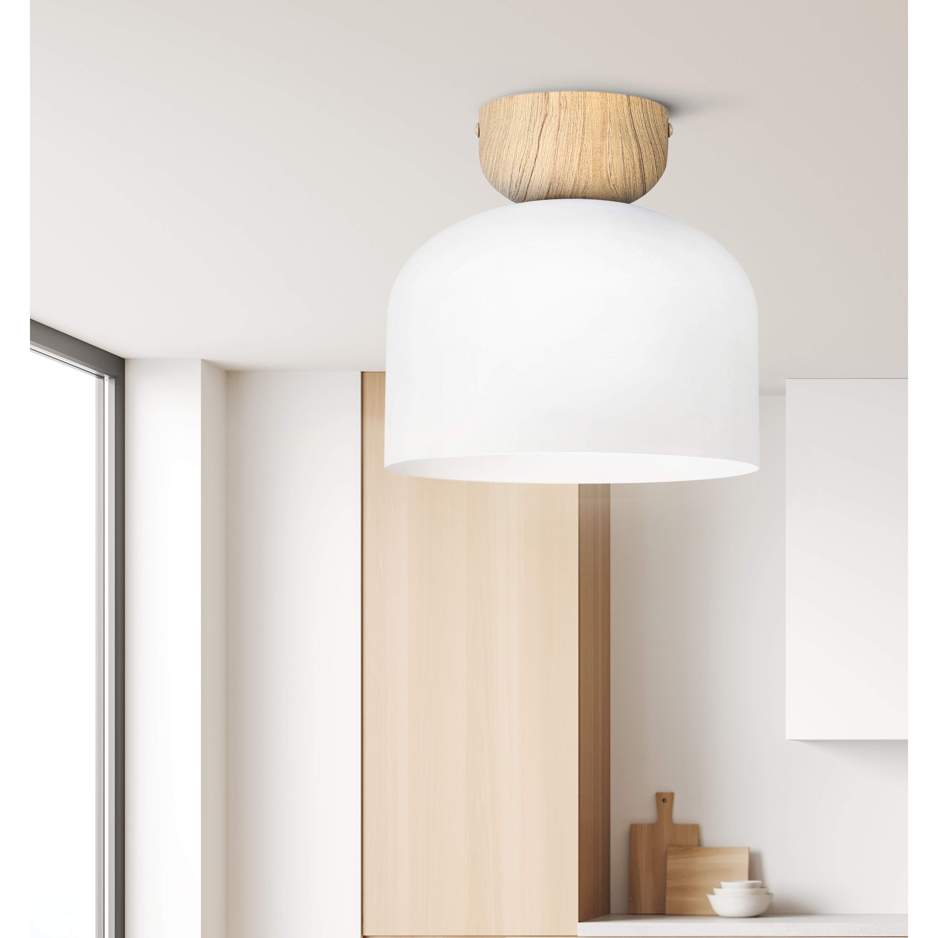 Caleb 1 Light 9 inch Matte White & Wood Flush Mount Ceiling Light