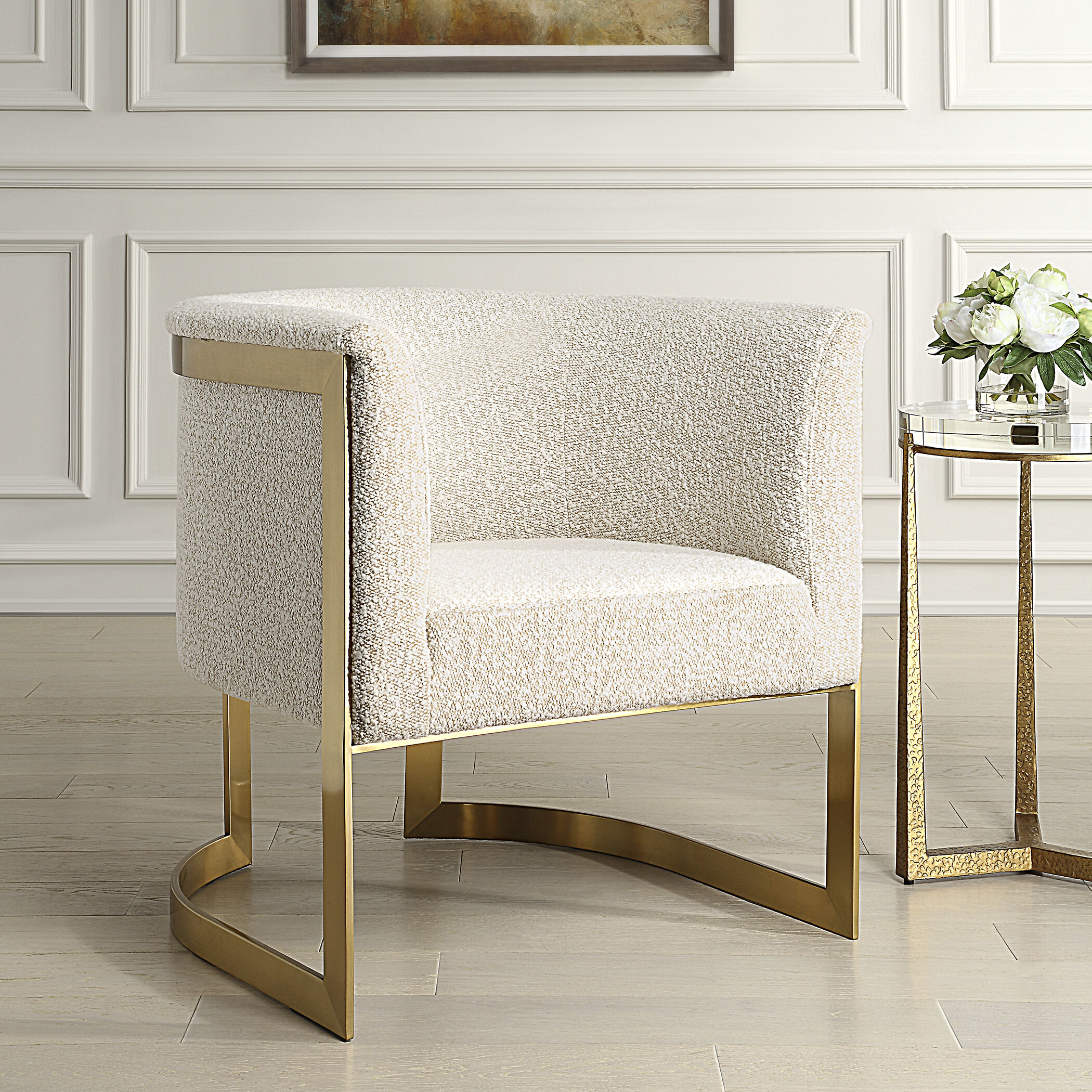 Bellina Brushed Gold and Driftwood Tan Boucle Barrel Chair