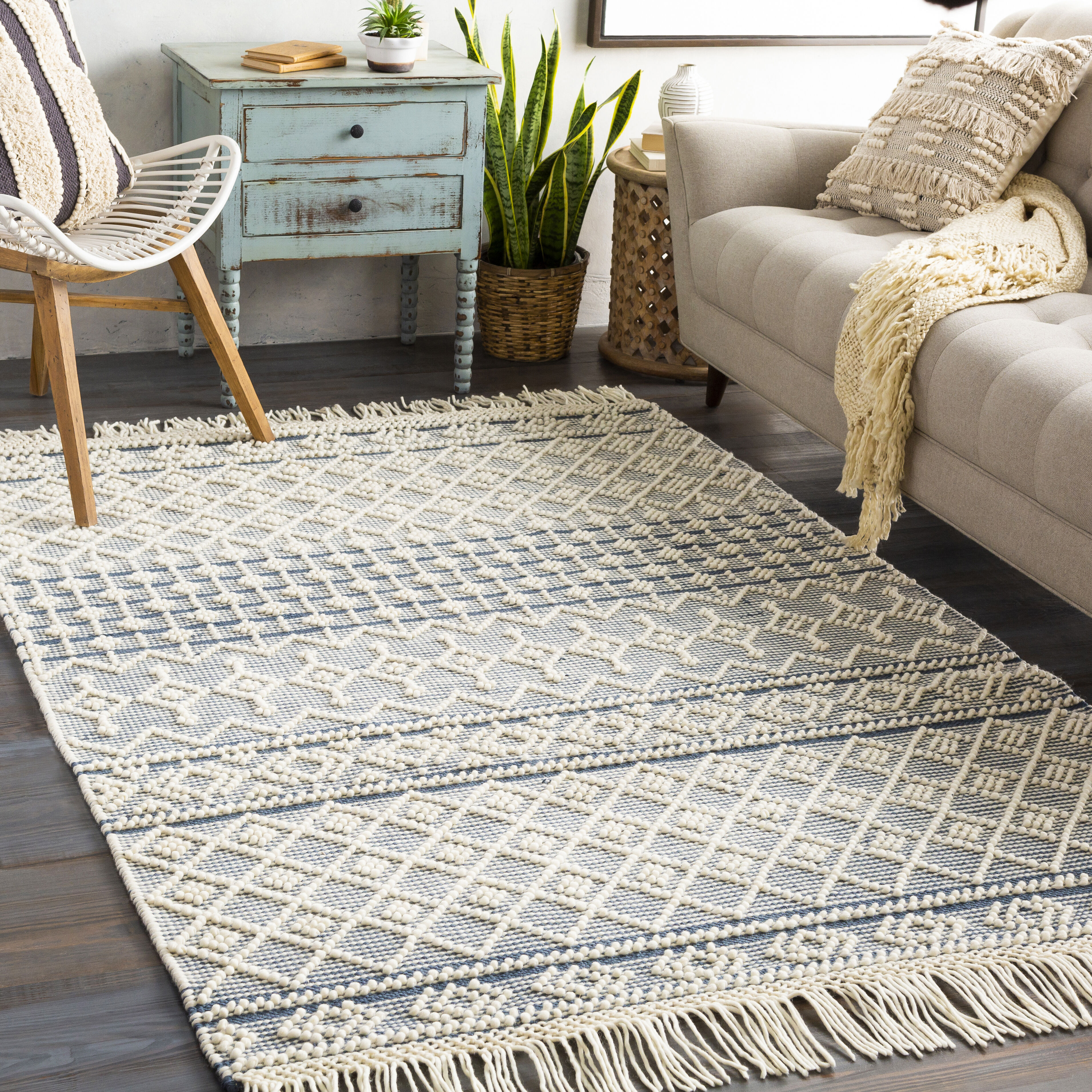 Farmhouse Tassels 36 X 24 inch Blue Rug in 2 x 3, Rectangle