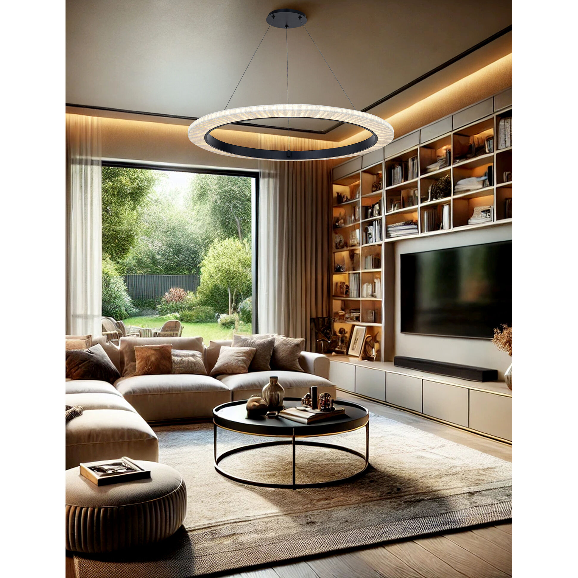 Textile LED 42 inch Matte Black Pendant Ceiling Light in Cream Linen Fabric