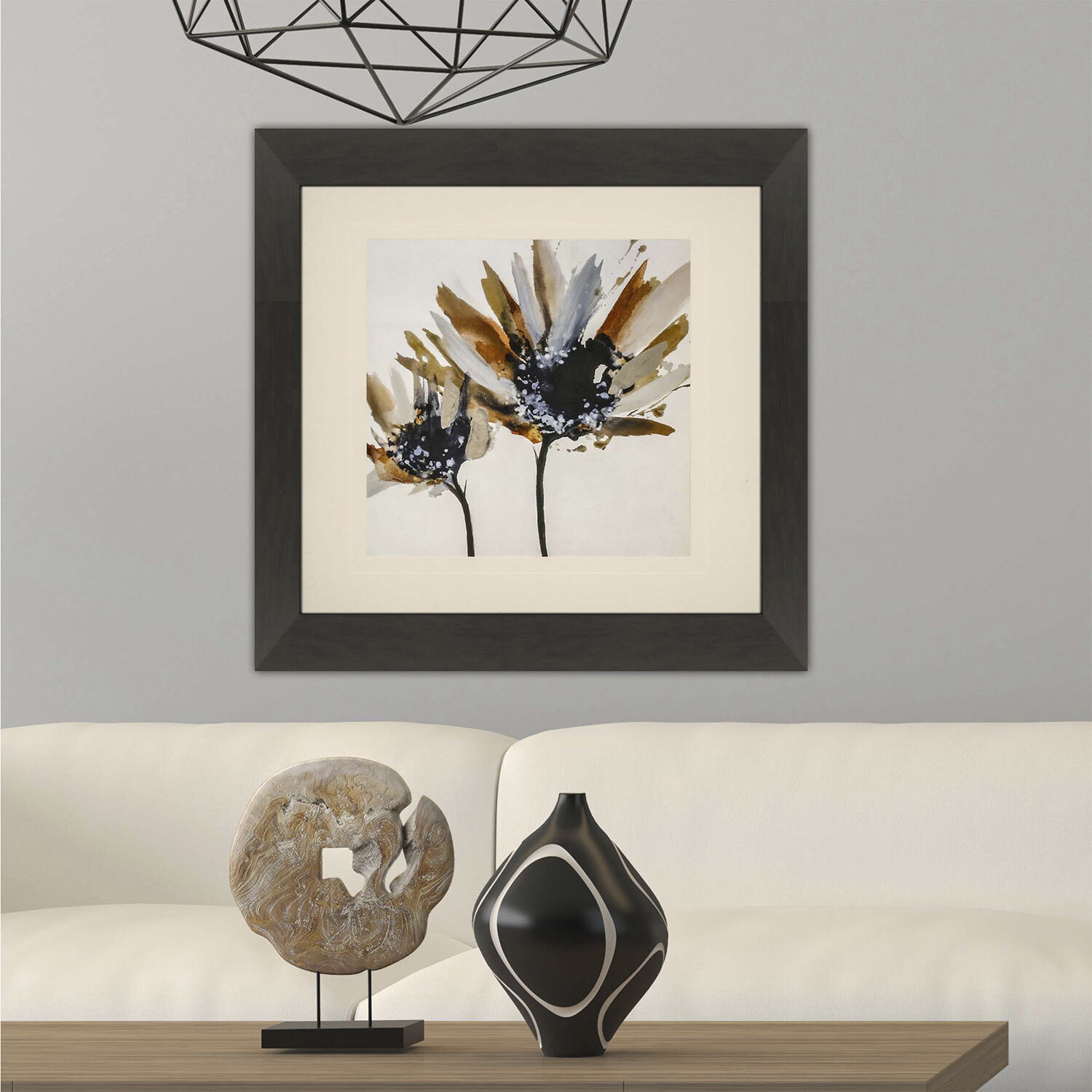 Sepia Bloom Orange and Yellow and Black and Beige Framed Art