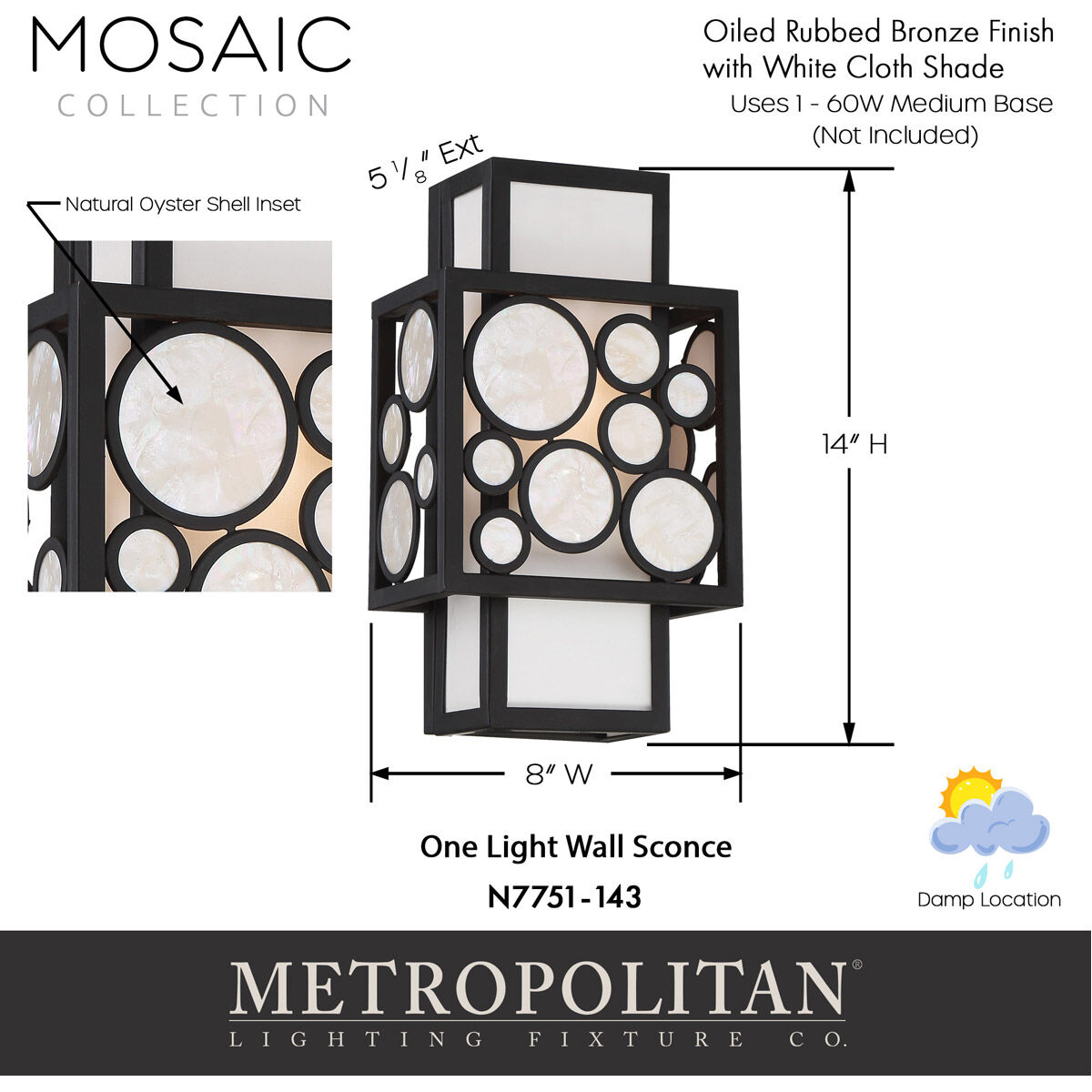 Mosaic 1 Light 8 inch Oil Rubbed Bronze Wall Mount Wall Light