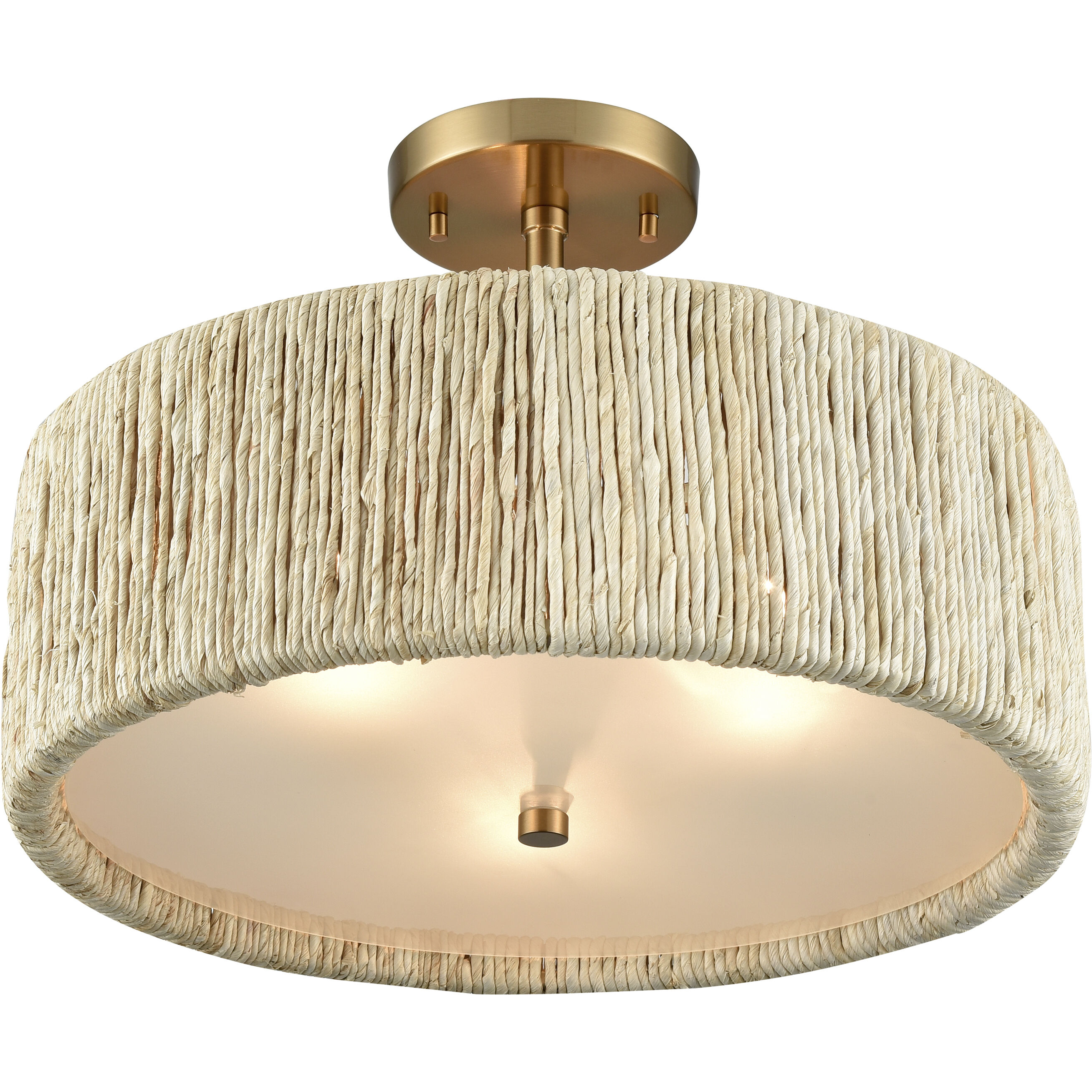 Abaca 3 Light 17 inch Satin Brass with Natural Semi Flush Mount Ceiling Light