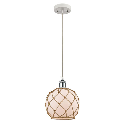 Ballston Farmhouse Rope LED 8 inch White and Polished Chrome Mini Pendant Ceiling Light in White Glass with Brown Rope, Ballston