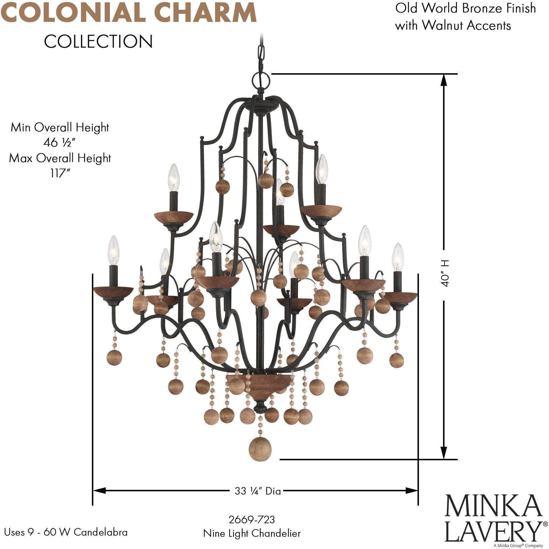 Colonial Charm 9 Light 33 inch Old World Bronze/Walnut Accents Chandelier Ceiling Light