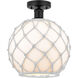 Edison Farmhouse Rope 1 Light 10 inch Matte Black Semi-Flush Mount Ceiling Light in White Glass with White Rope