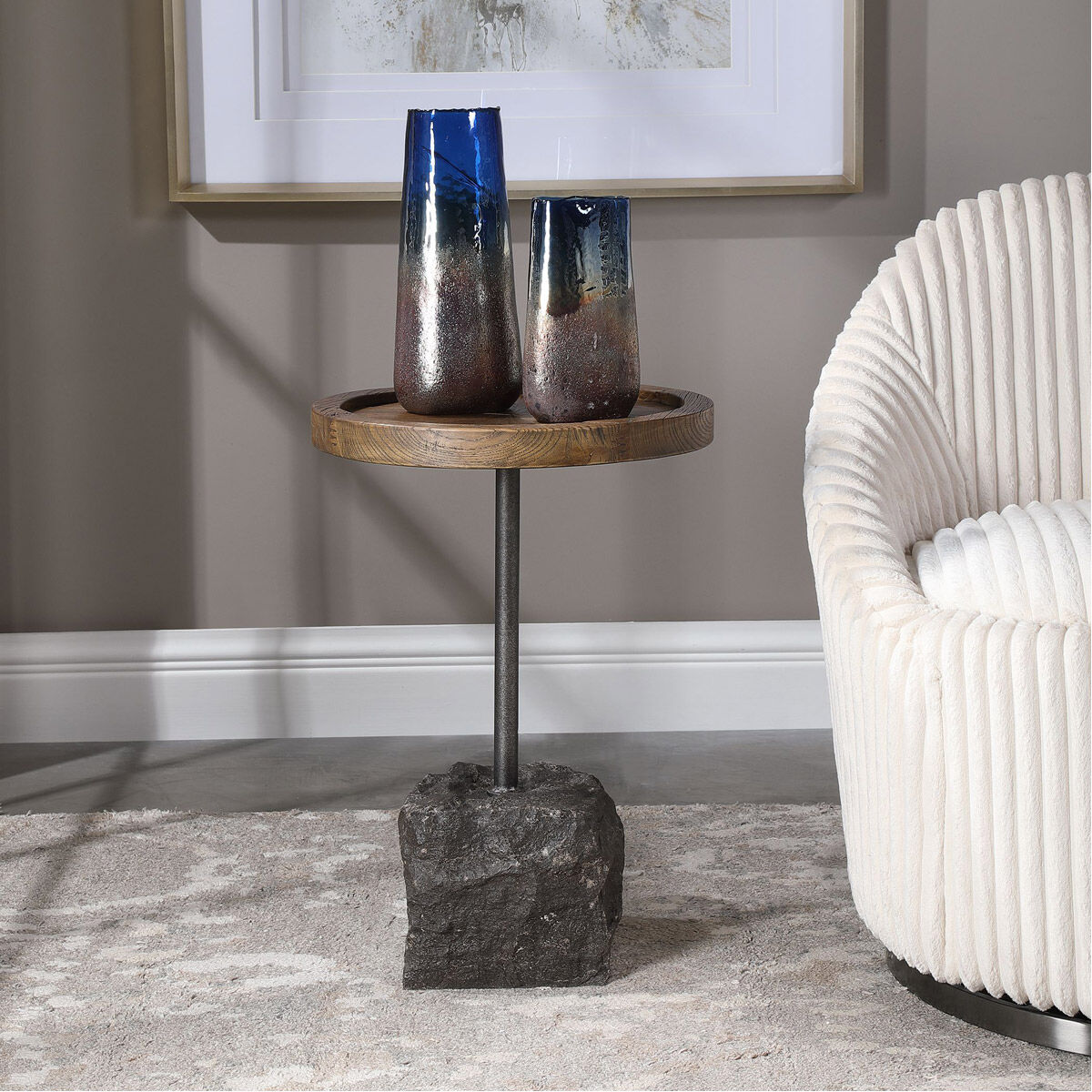 Horton 23 X 16 inch Natural Recycled Elm with Iron and Bluestone Block Accent Table