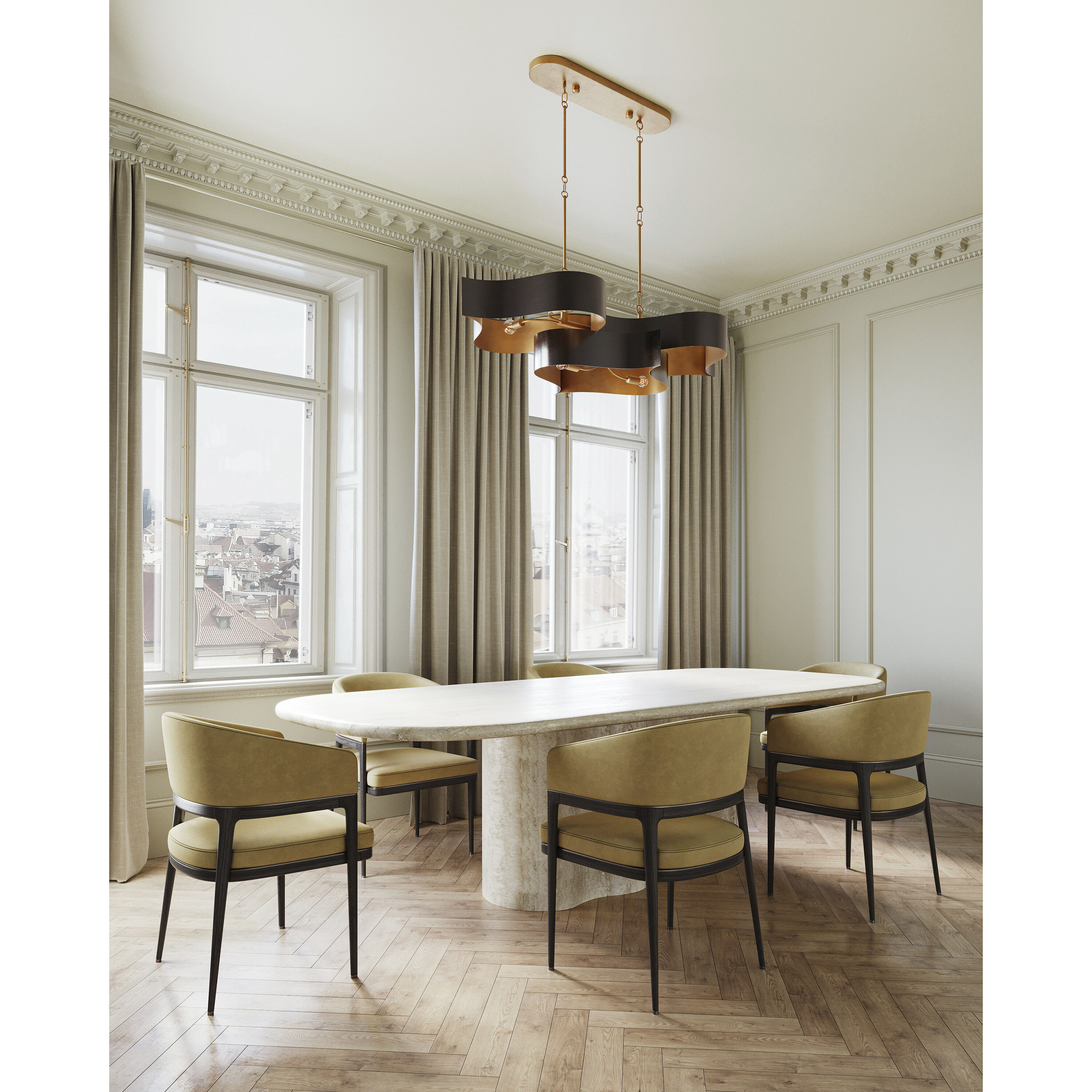 Grand Lotus 6 Light 50.5 inch Satin Black/Contemporary Gold Leaf Chandelier Ceiling Light