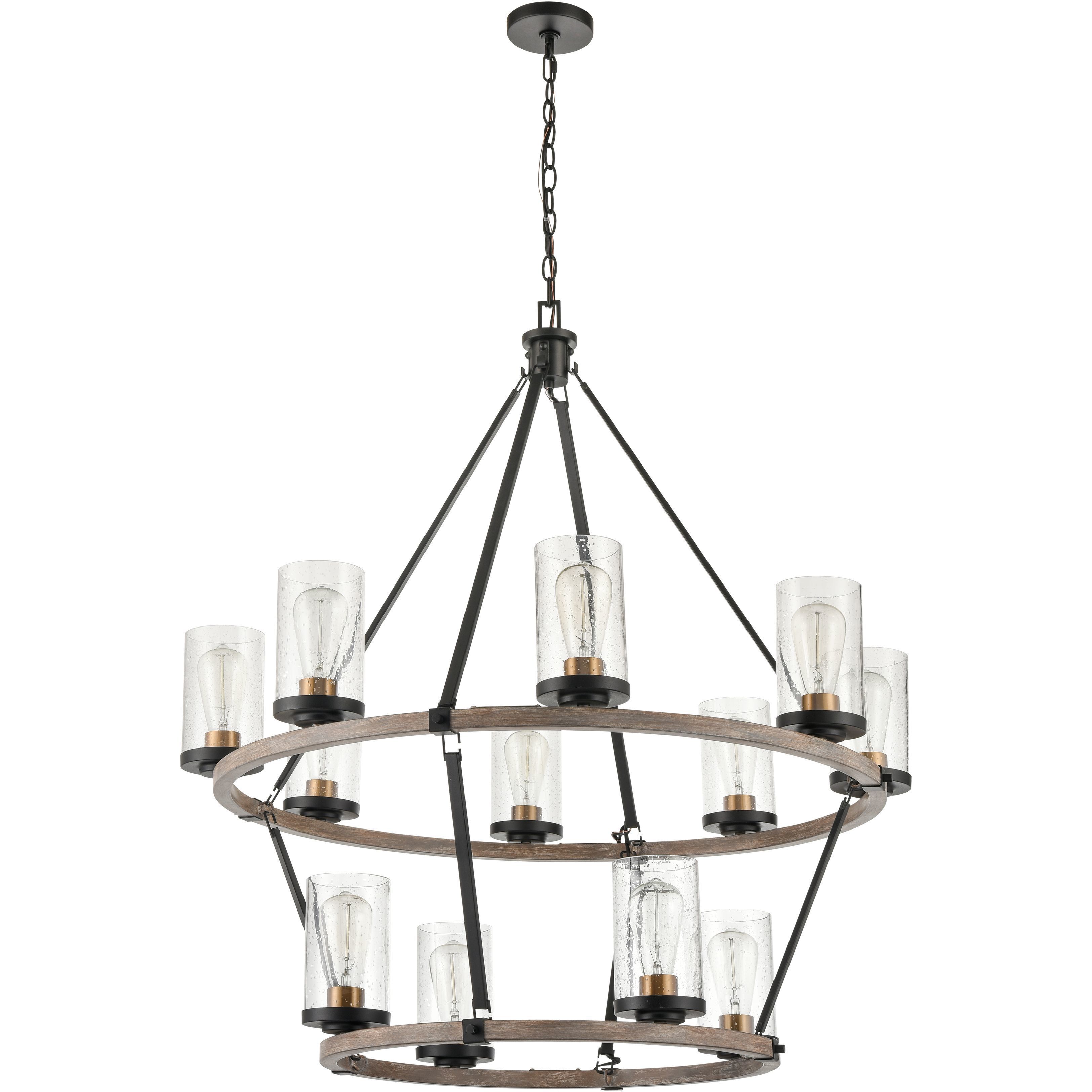 Geringer 12 Light 36 inch Charcoal with Beechwood and Burnished Brass Chandelier Ceiling Light