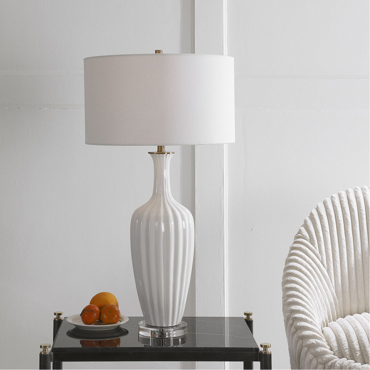 Strauss 32 inch 150.00 watt Gloss White Glaze with Brushed Brass Details Table Lamp Portable Light