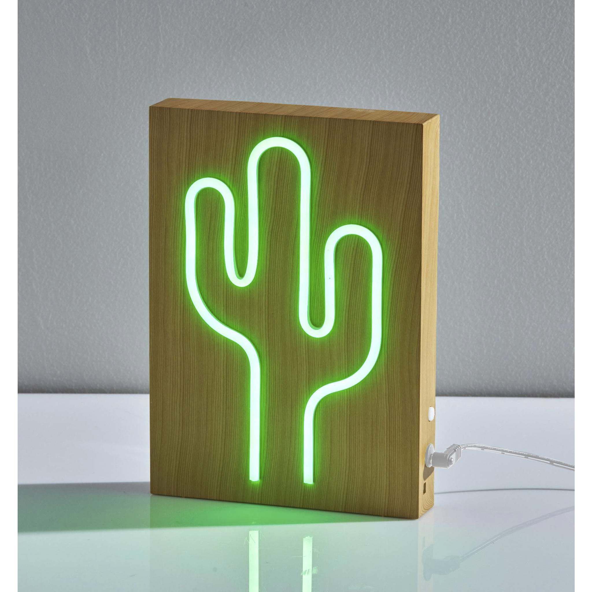 Wood Framed 9 inch 0.5 watt Natural Wood Grain on Plastic - Water Transfer Table/Wall Lamp Portable Light, Neon Cactus, Simplee Adesso