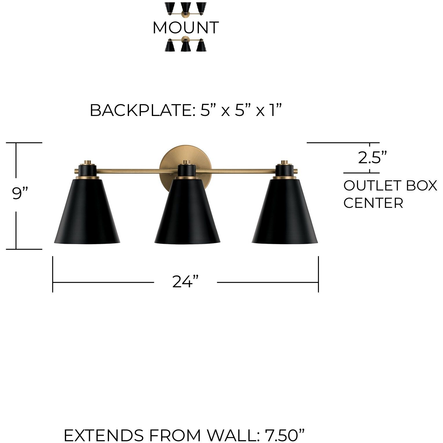 Bradley 3 Light 24 inch Aged Brass and Black Vanity Light Wall Light