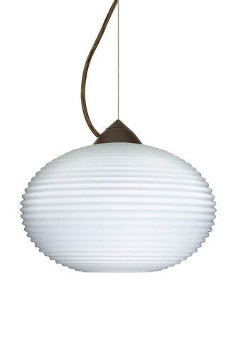 Pape 1 Light Bronze Pendant Ceiling Light in Opal Ribbed Glass, Incandescent