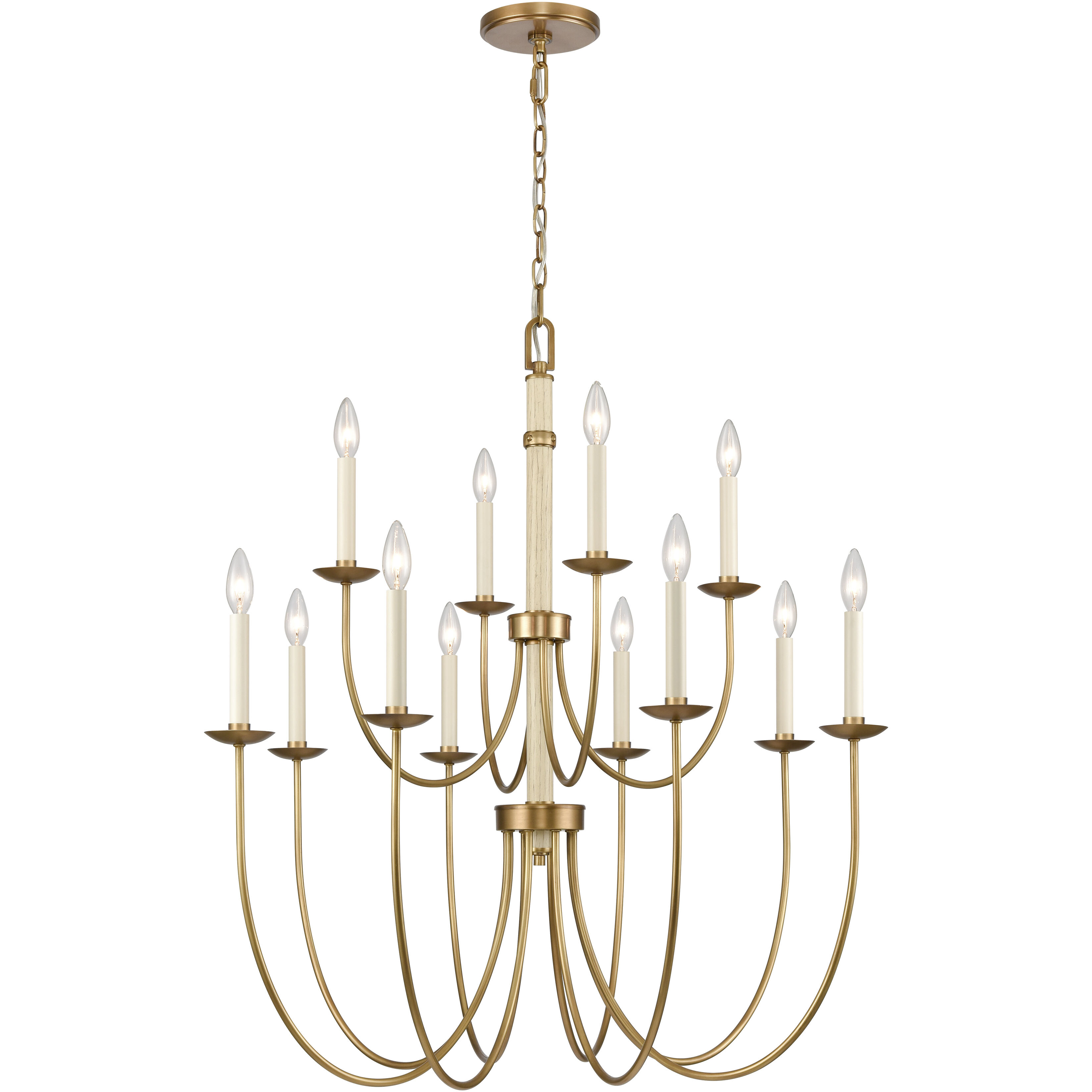 Neville 12 Light 34 inch Natural Brass with Bleached White Wood and Off White Chandelier Ceiling Light