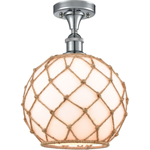 Ballston Large Farmhouse Rope 1 Light 10 inch Polished Chrome Semi-Flush Mount Ceiling Light in White Glass with Brown Rope, Ballston