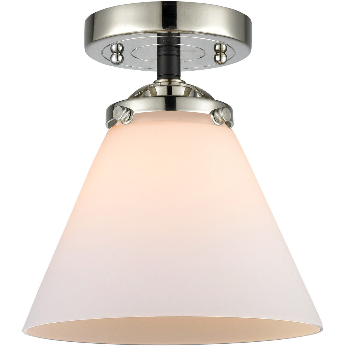 Nouveau Large Cone LED 8 inch Black Polished Nickel Semi-Flush Mount Ceiling Light in Matte White Glass, Nouveau