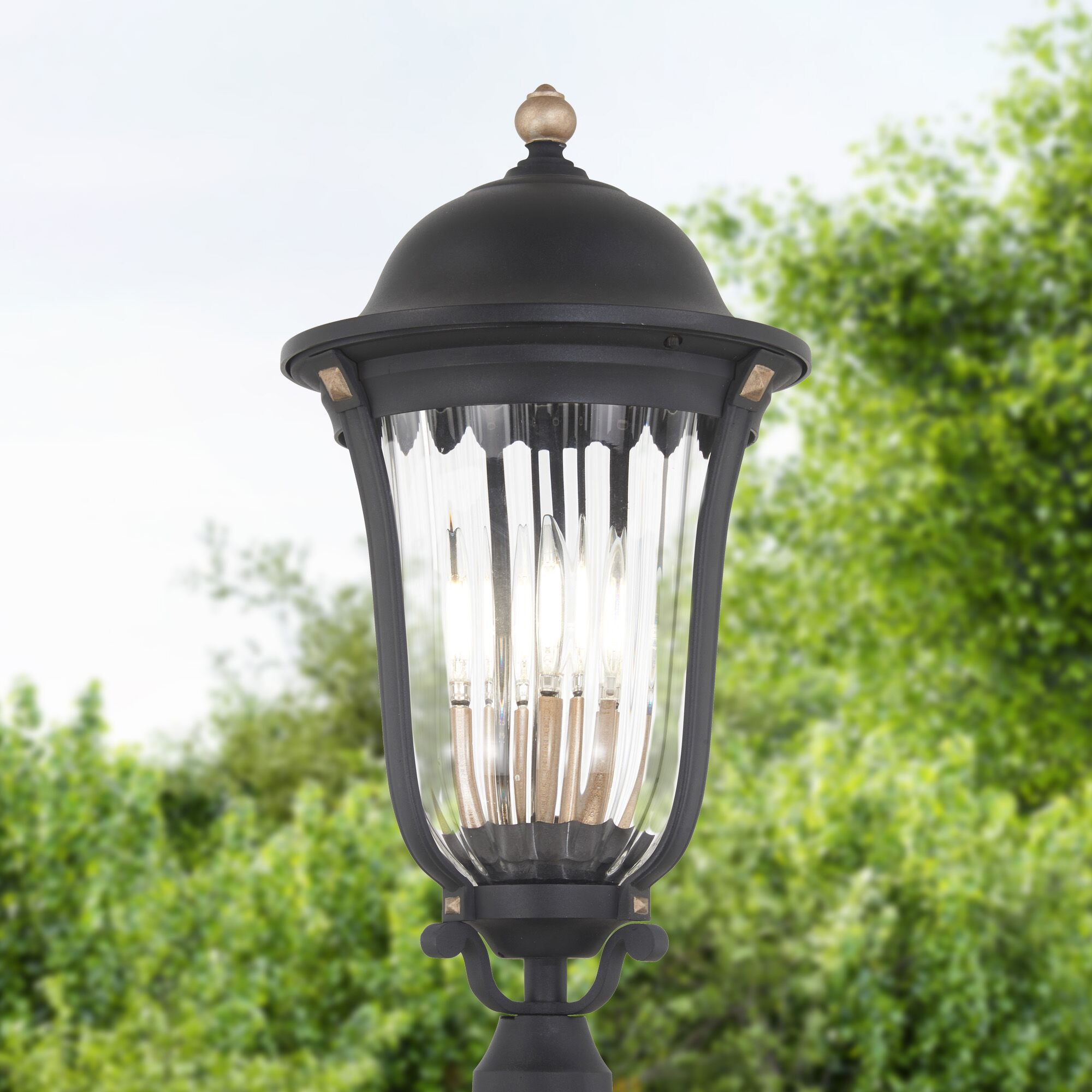 Peale Street 4 Light 25 inch Sand Coal And Vermeil Gold Outdoor Post Mount, Great Outdoors
