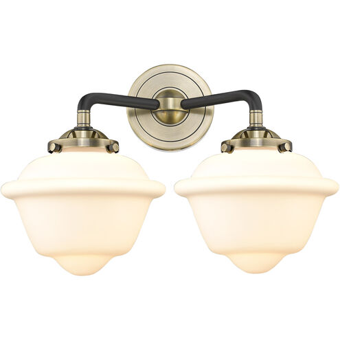 Nouveau Small Oxford 2 Light 16 inch Black Antique Brass Bath Vanity Light Wall Light in Matte White Glass, Nouveau