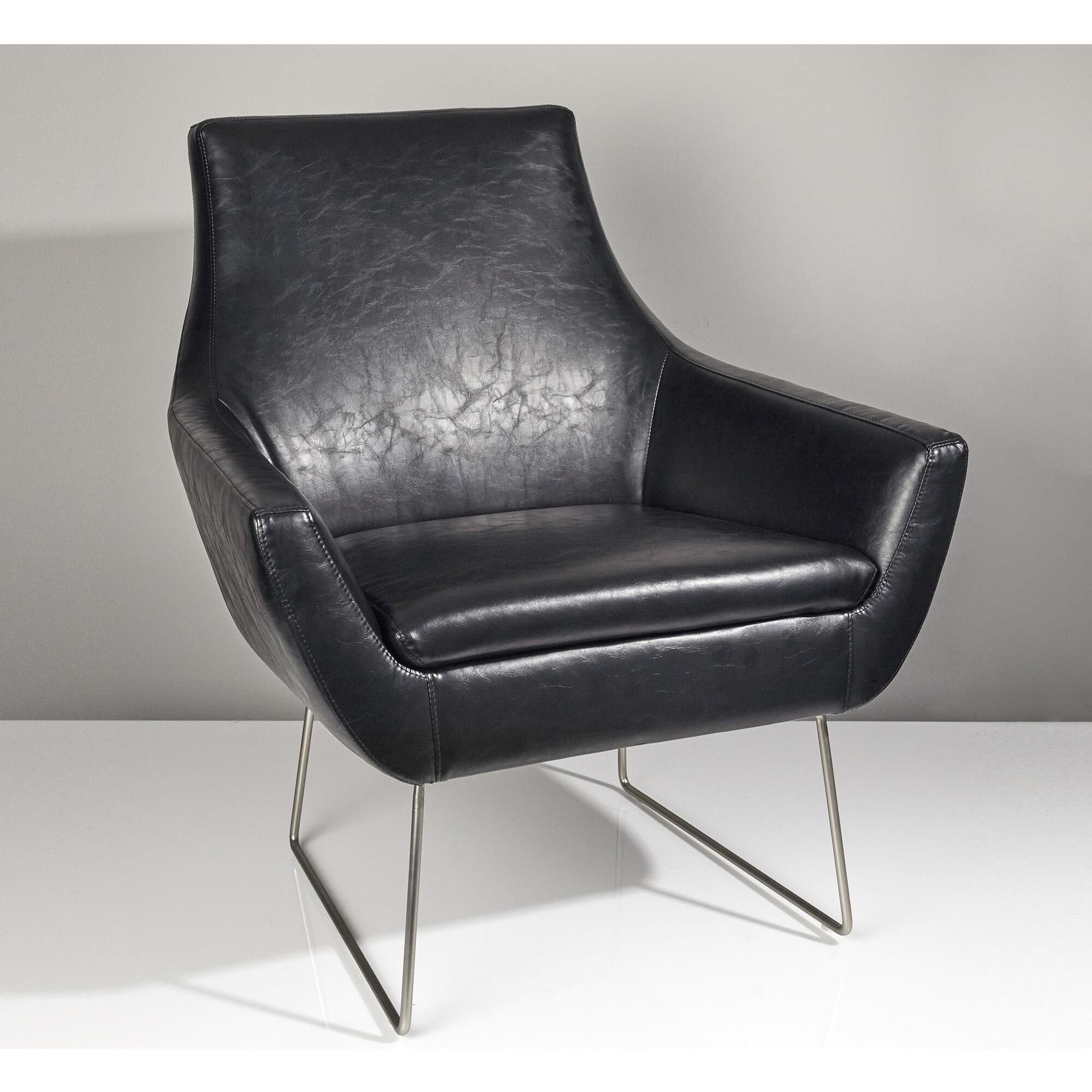 Kendrick Black Distressed PU Leather and Brushed Steel Accent Chair 
