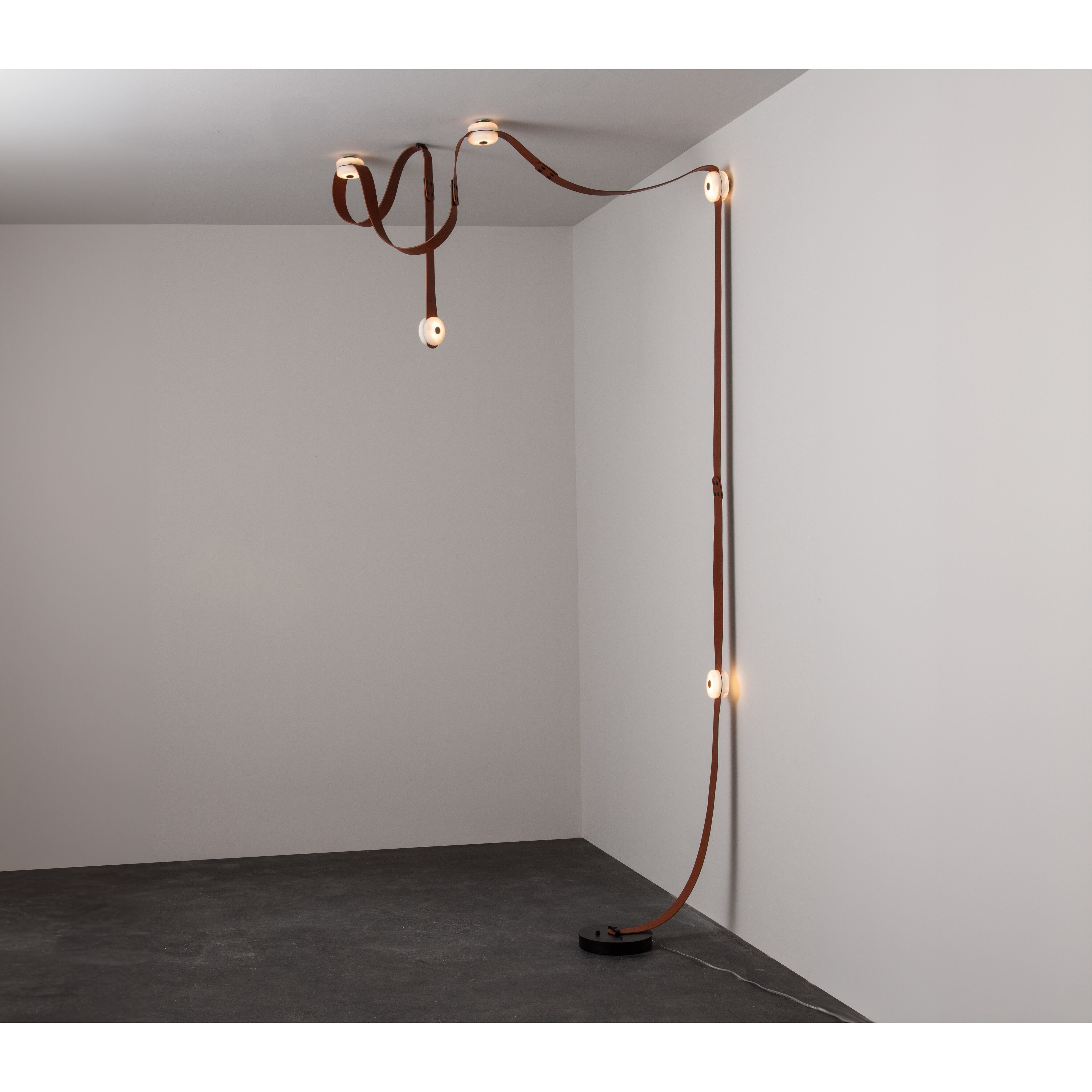 Art & Alchemy SNAPS LED 36 inch White Floor-to-Ceiling Plug-in Lamp Ceiling Light in Black Leather with Alabaster