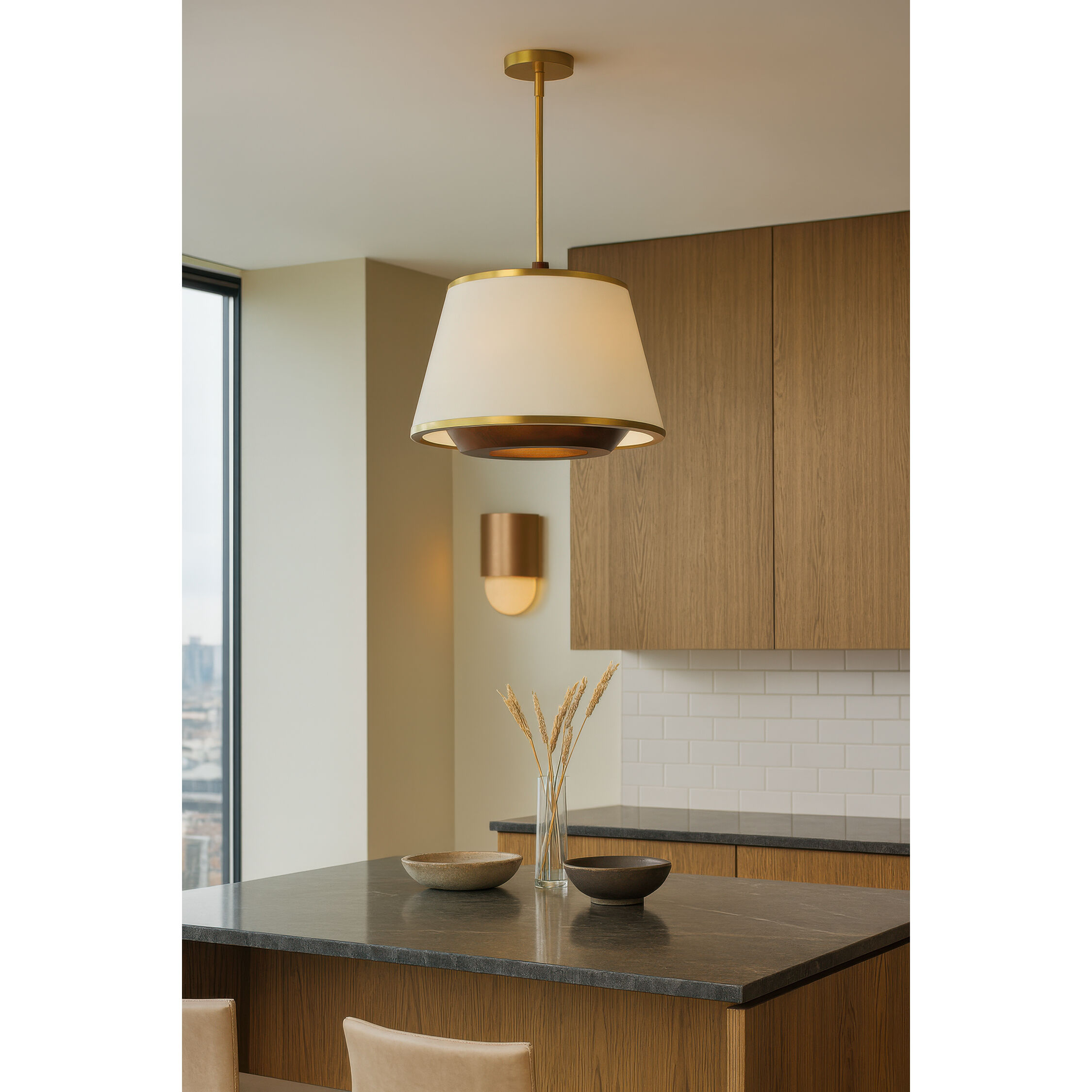 Desert Flyer 3 Light 16 inch Satin Brass with Medium Walnut Pendant Ceiling Light, Semi-Flush Convertible