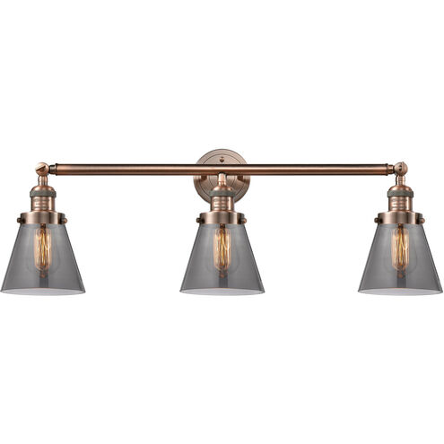 Franklin Restoration Small Cone 3 Light 30 inch Antique Copper Bath Vanity Light Wall Light in Plated Smoke Glass, Franklin Restoration