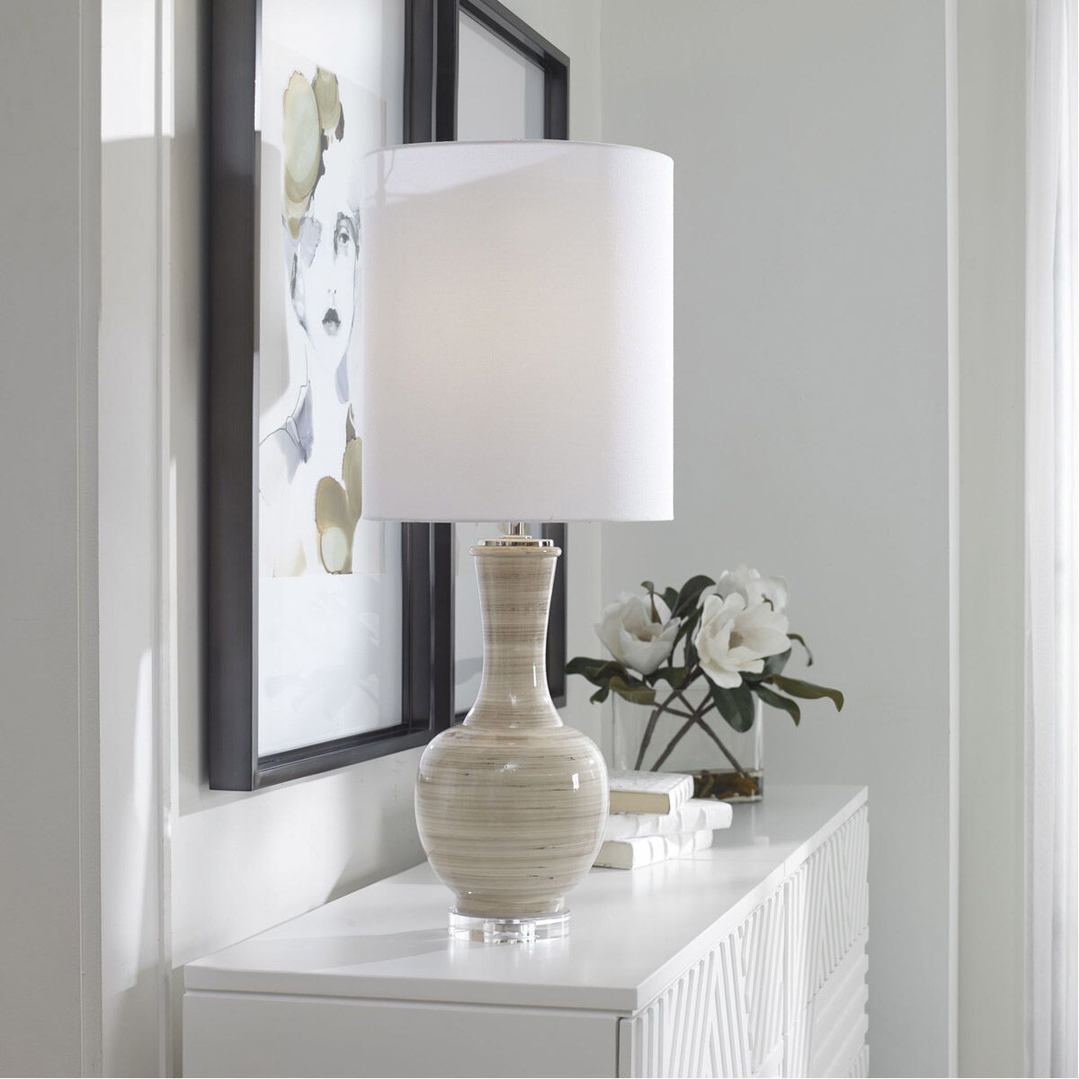 Chalice 33 inch 150.00 watt Taupe Tan Charcoal and Polished Nickel Table Lamp Portable Light