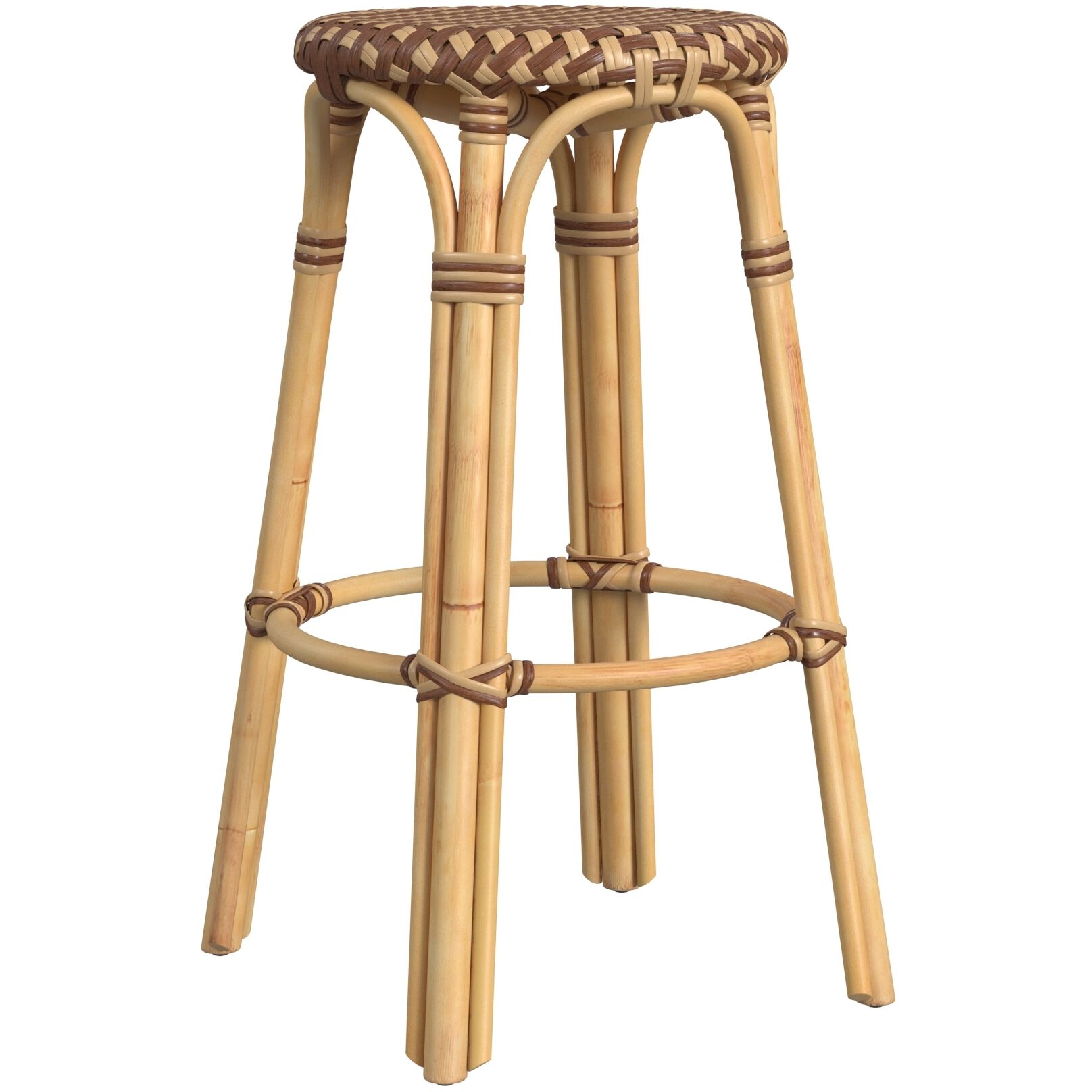 Tobias Round Rattan 30" Bar Stool in Brown and Tan Dot