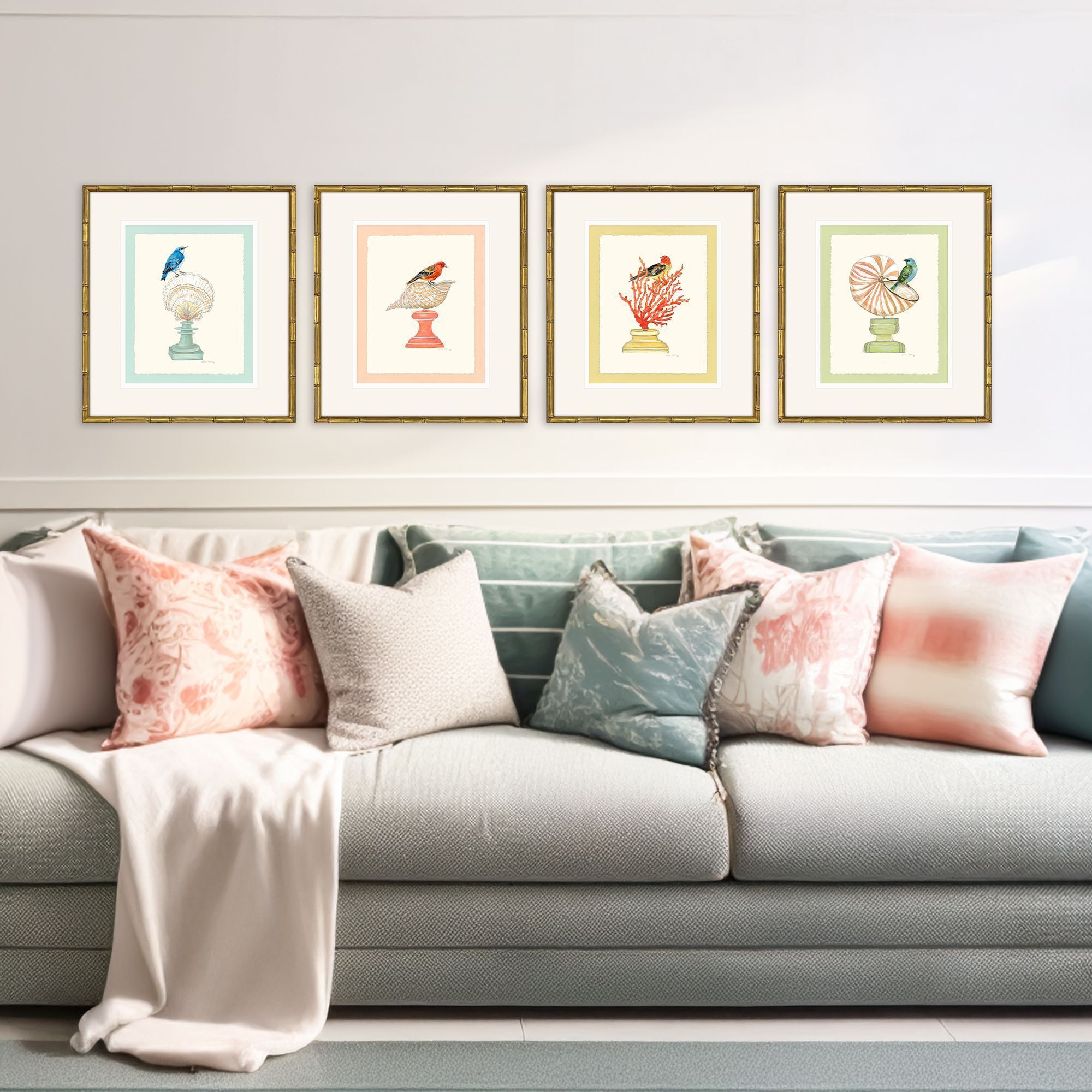 Bird with Shell Multi and Blue and Green and Orange Framed Art