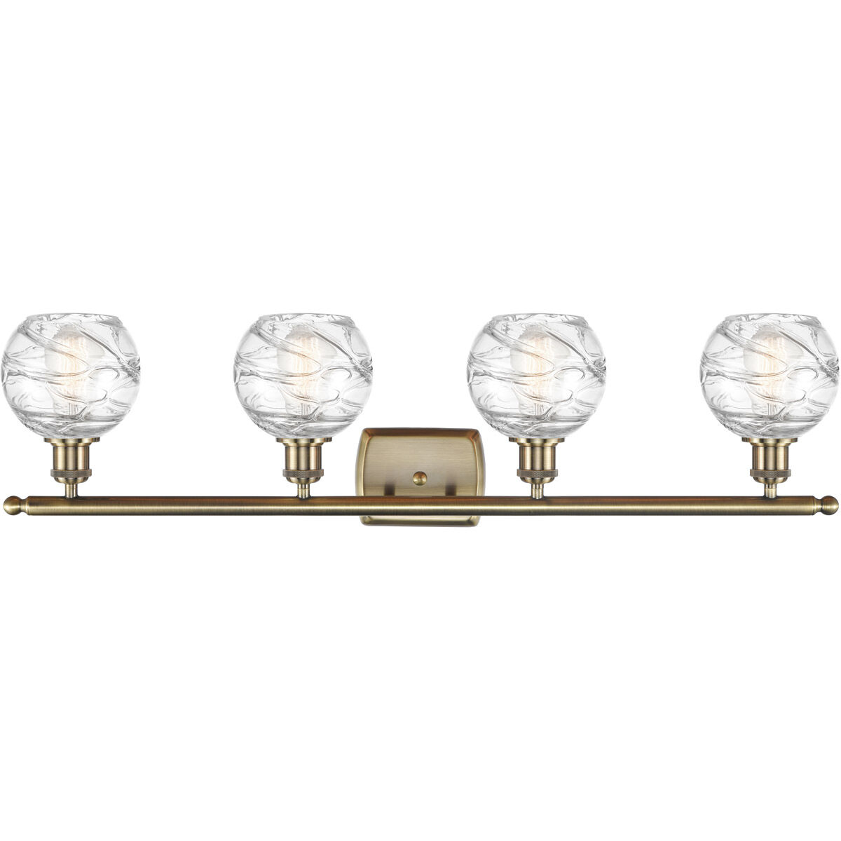 Ballston Small Deco Swirl 4 Light 36 inch Antique Brass Bath Vanity Light Wall Light in Incandescent, Small Athens, Deco Swirl Glass, Ballston